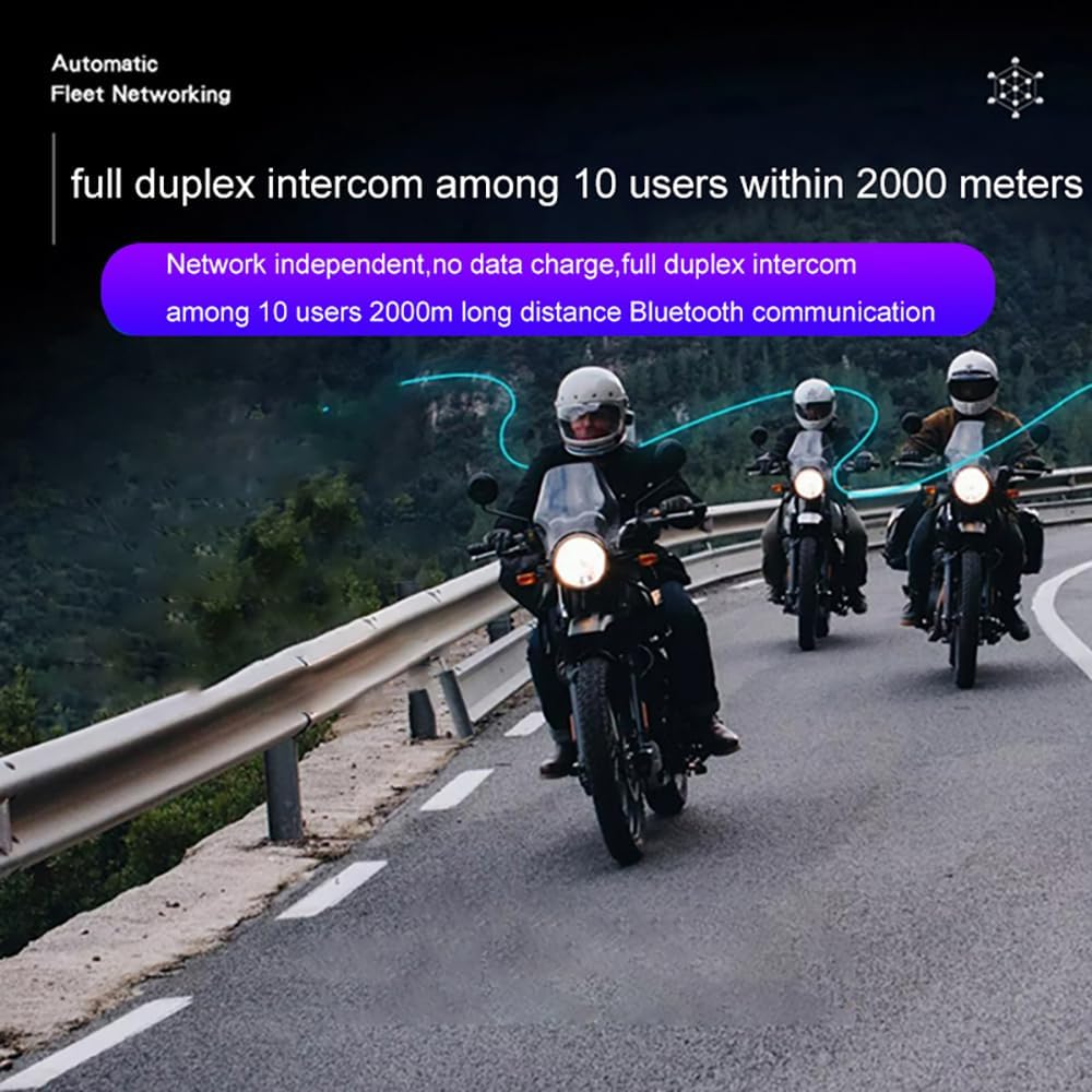 Motorcyclists riding on a road, illustrating the 10-user intercom feature.