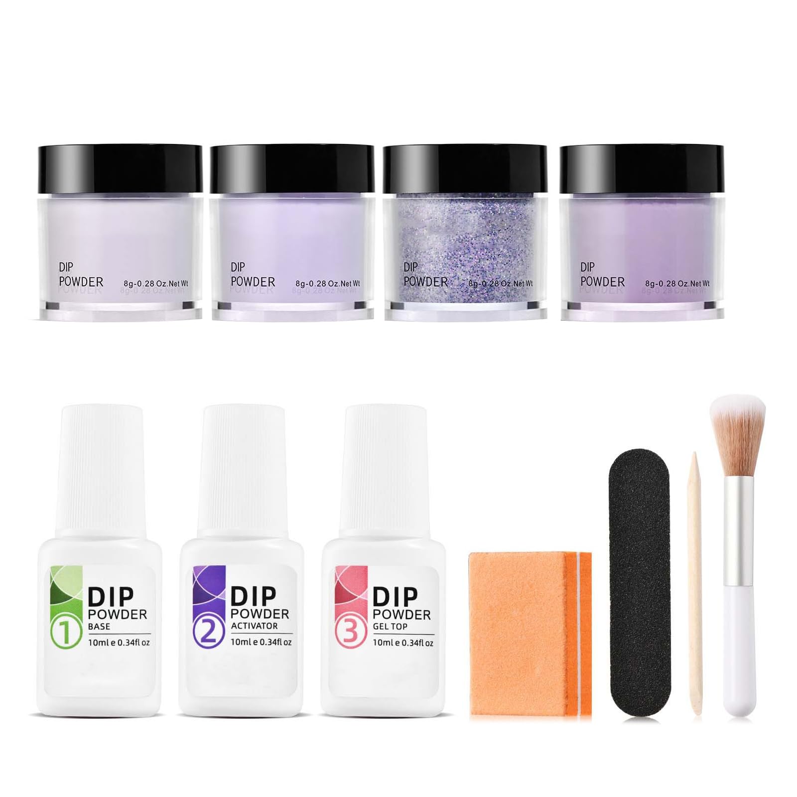 Kit de poudre de trempage pour ongles 4 couleurs, sans danger pour la peau, comprend une base activatrice/une couche finition, un pinceau, un bâton tampon, violet, bleu, longue durée pour les débu