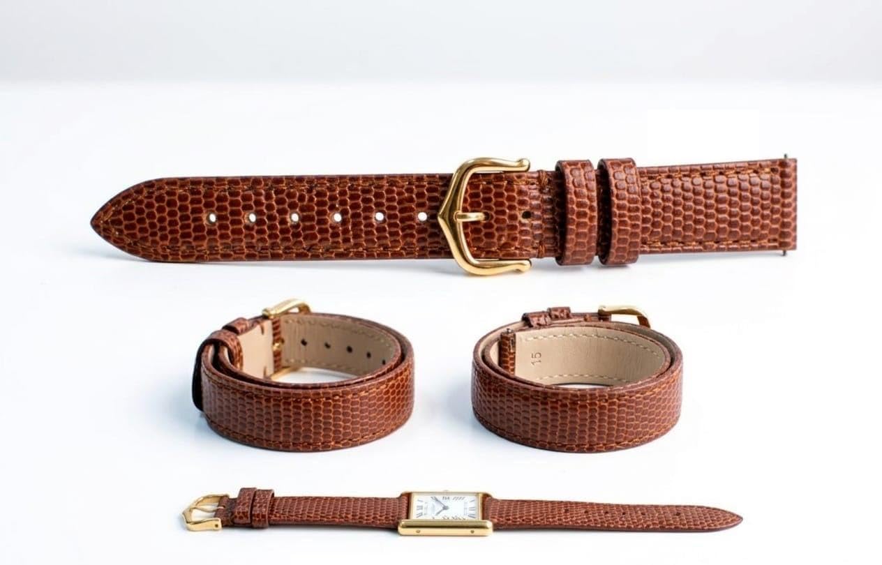17mm Brown Lizard Pattern Leather Watch Band Replacement Strap for Cartier Tank - Gold Buckle & Quick Release