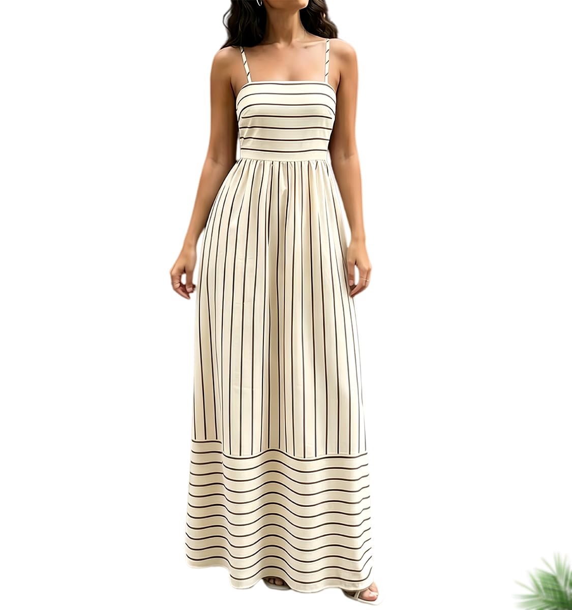 Generico Maxi Abito a Righe con Spalline Sottili da Donna; Elegante Abito Lungo a Vita Alta, con Scollo Quadrato e Spalline Sottili, Ideale per Le Vacanze