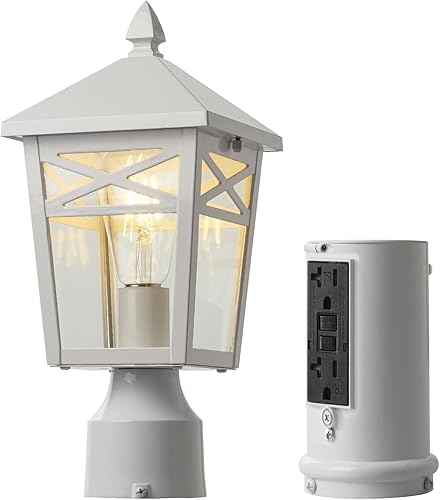 Luz de poste al aire libre del atardecer al amanecer, iluminación de poste con pantalla de cristal, lámpara de poste con salida GFCI para patio,