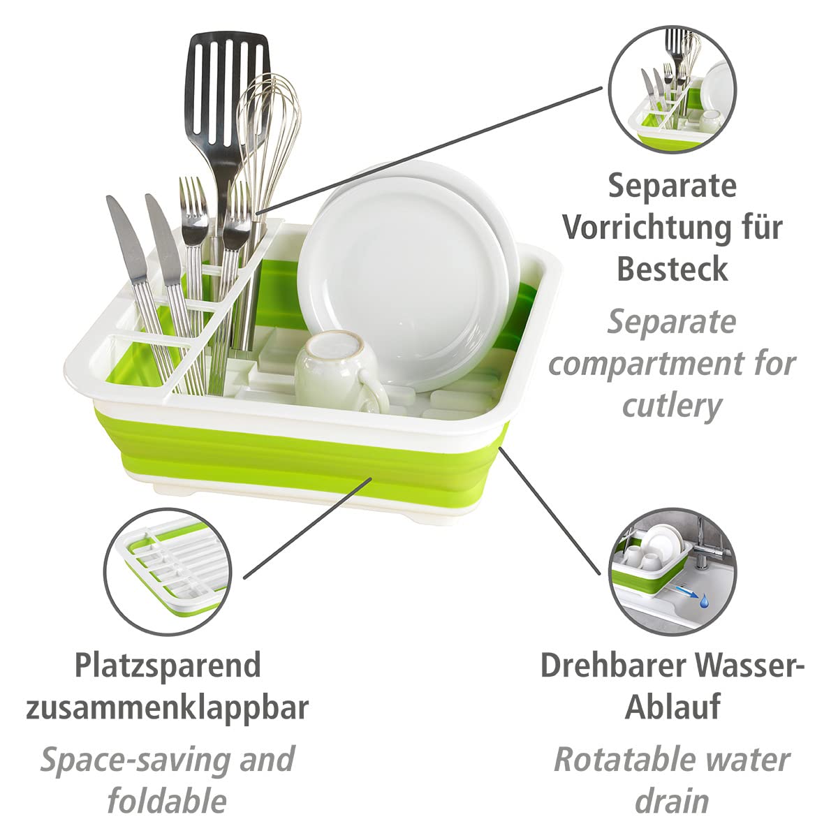 WENKO Égouttoir pour Vaisselle Pliable Blanc/Vert - Support d'égouttage pour la Vaisselle et Les Couverts, Polypropylène, 36.5 x 13 x 31 cm, Blanc