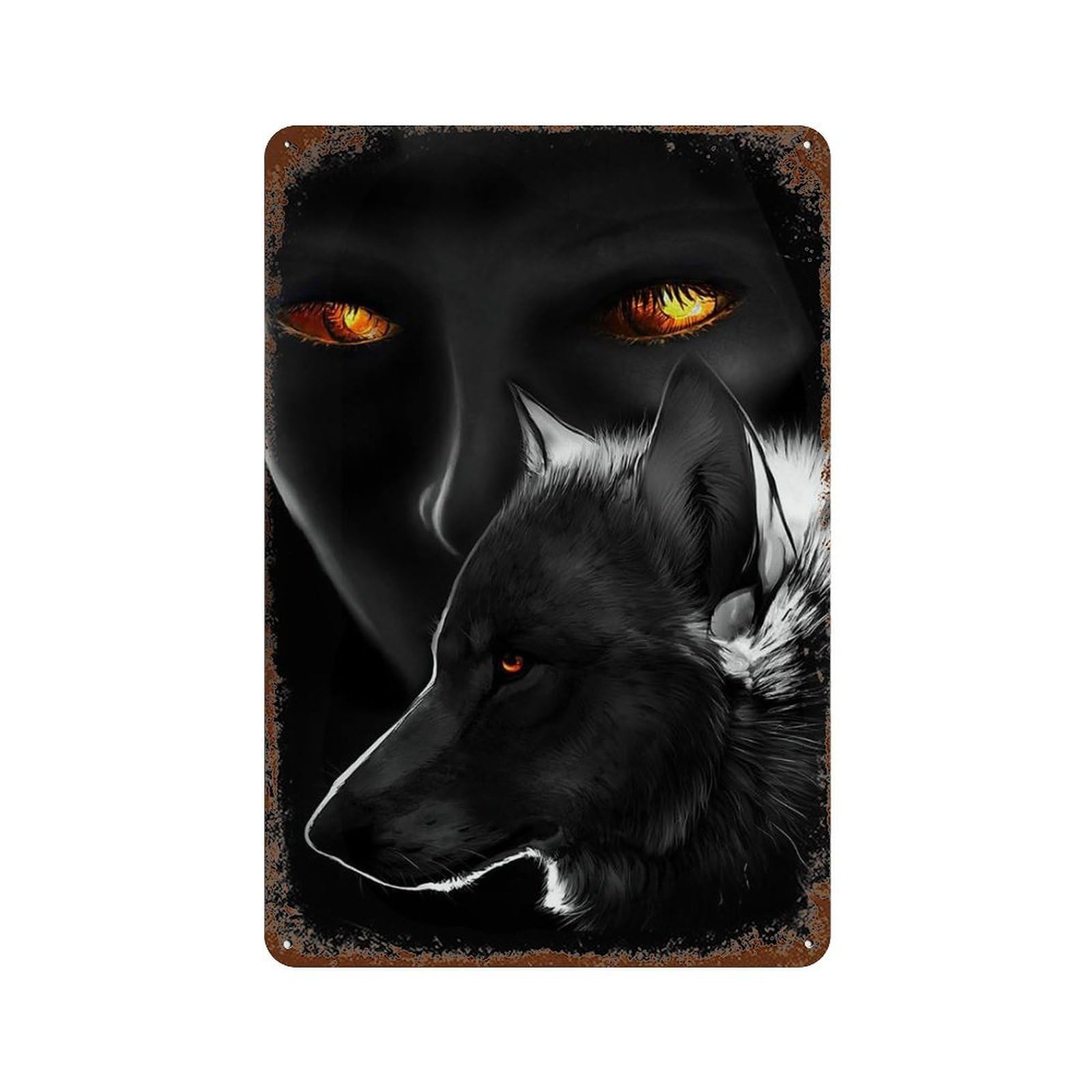 Aged Metal Wall Plaque with Wolf Intensity Design 11.8"x7.9", for Shed, Workshop And Garage Wall Decor, Decorative Metal Wall Art