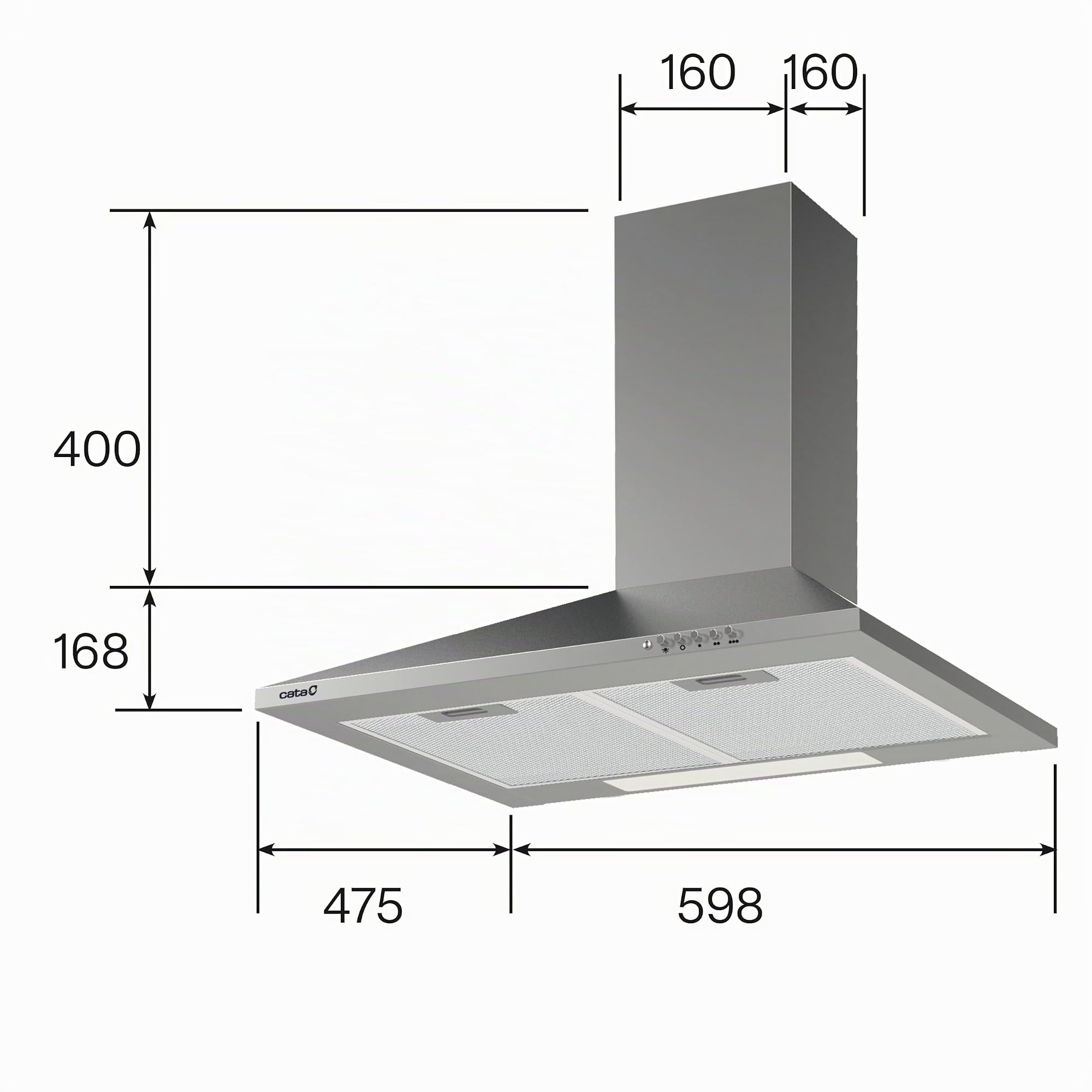 Cata Campana Extractora VZX 6000 X/A Campana de Pared Decorativo 60 cm Capacidad de Extracción de 490m3/h 3 niveles de Potencia Acabado en Acero Inoxidable