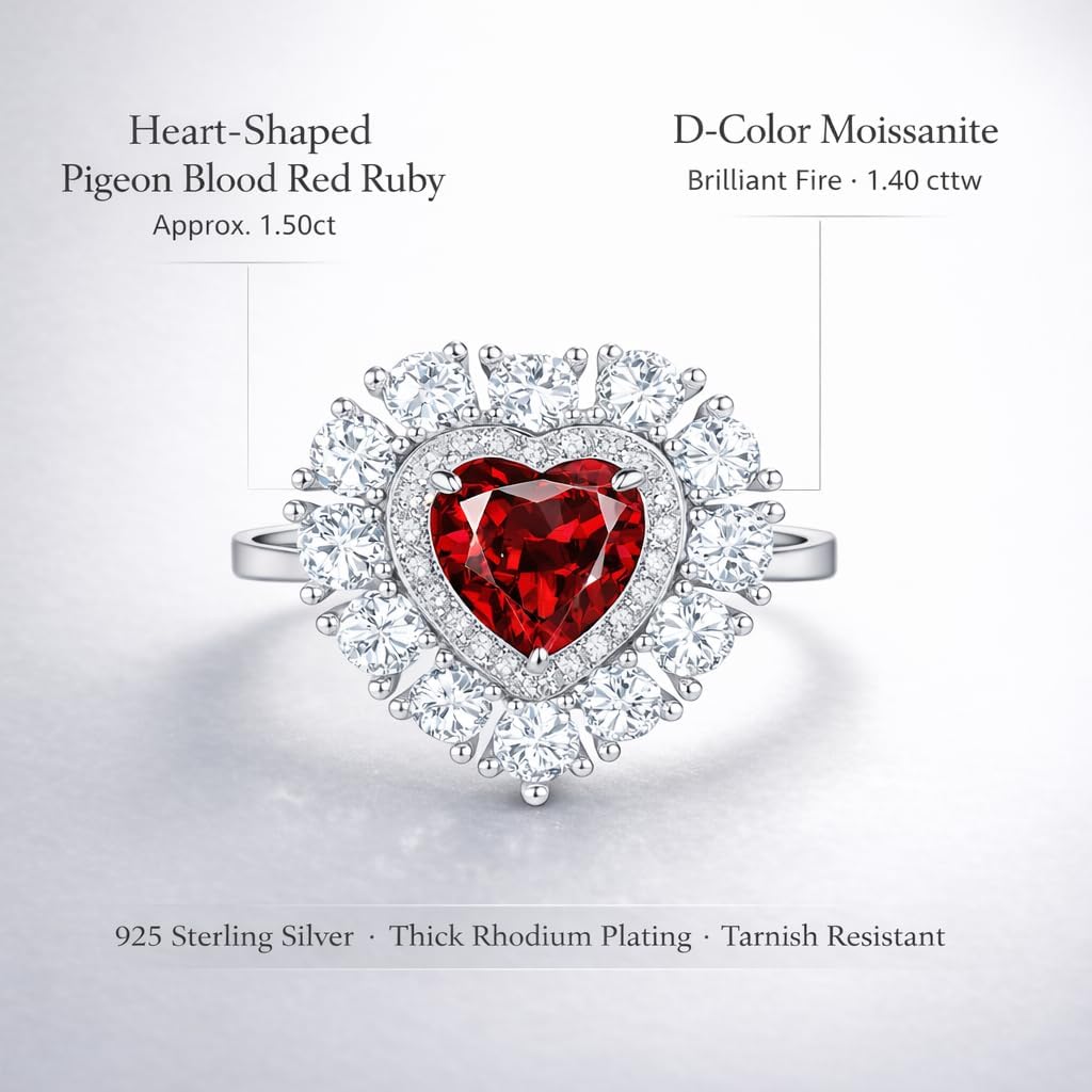 Heart-Shaped Ruby Ring for Women, Certified Lab-Grown Pigeon Blood Red Ruby with D-Color Moissanite Double Halo, 925 Sterling Silver Rhodium-Plated Cocktail & Statement Ring, Promise Anniversary Birthday Engagement Gift for Girlfriend, Wife, or Mom