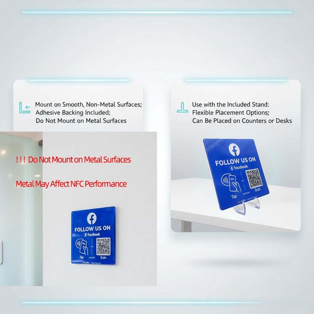 Follow Us Social Media Sign for Facebook – NFC QR Code Social Media Tap Card Plate, Reusable Tap or Scan, No App or Fees, Adhesive Backing & Included Stand