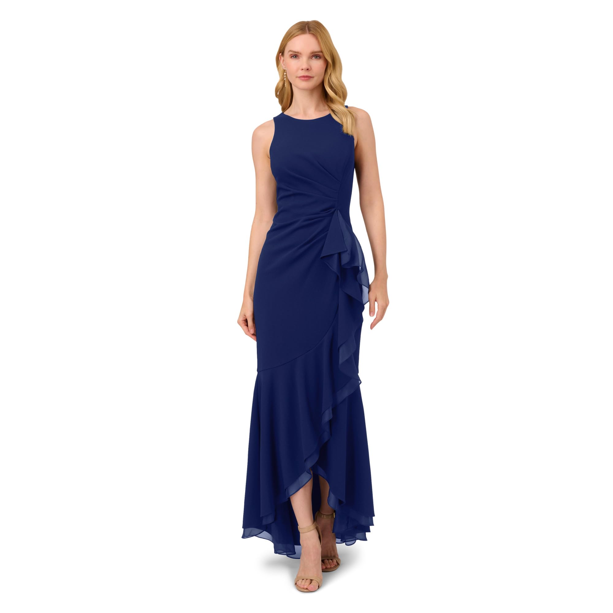 Adrianna Papell Women's Ruffle Crepe Halter Gown | Sleeveless Formal Evening Gown with High Low Ruffle Skirt, French Blu,