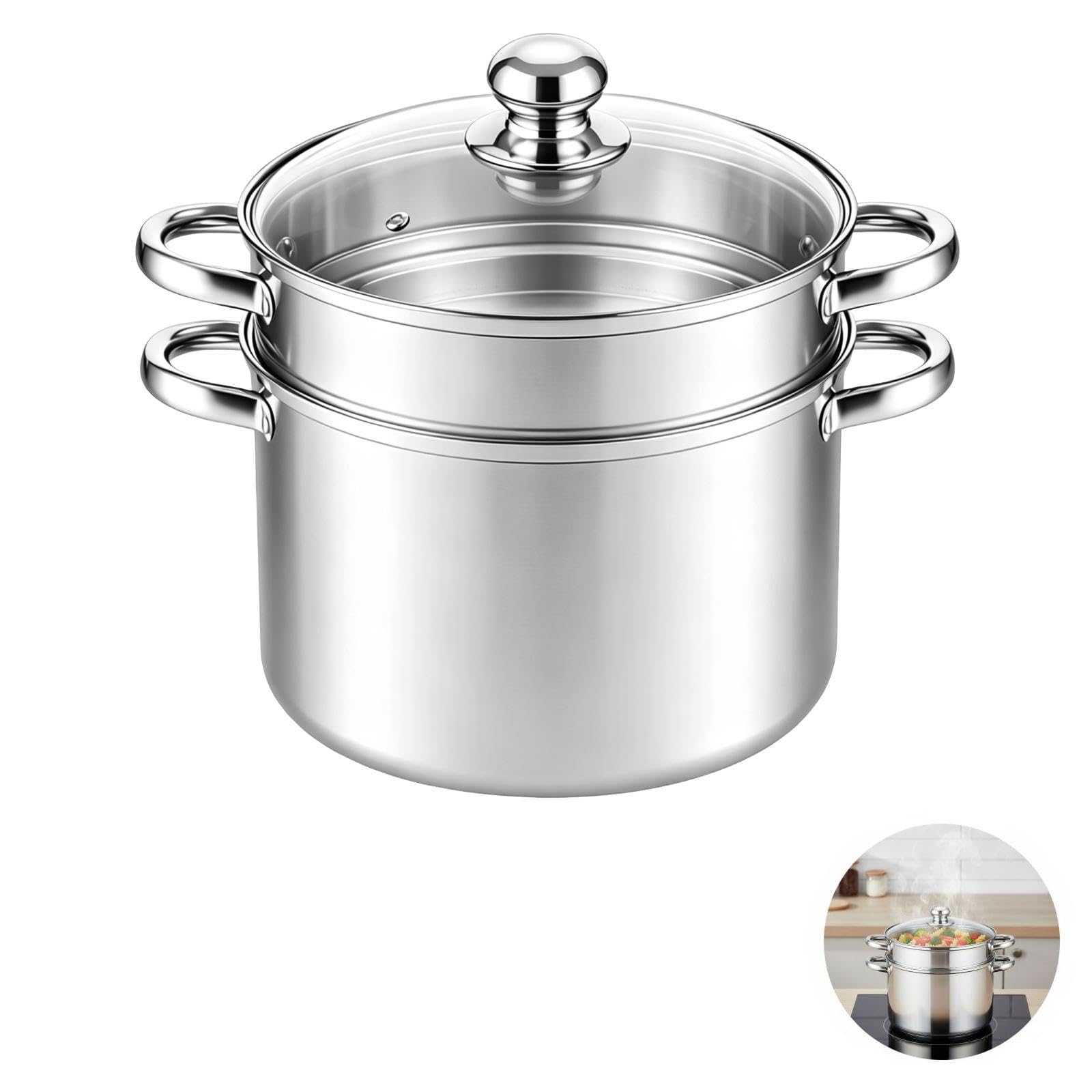 Edelstahl-Pastatopf mit Dampfkorb, 24 cm Multitopf für Nudeln und Suppen, Glasdeckel, für Pasta, Suppe, Frittieren, für Induktionskochfelder, spülmaschinengeeignet