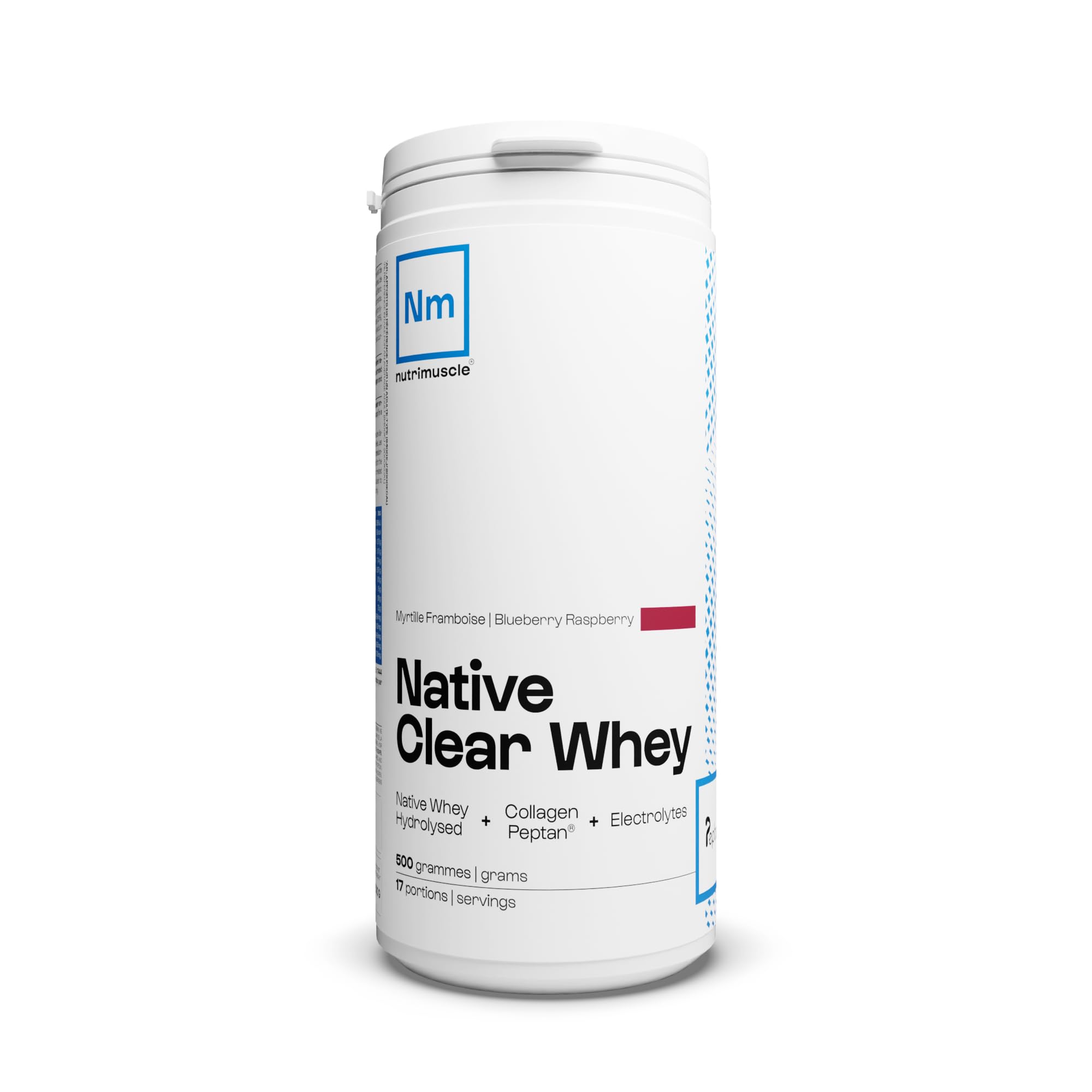 Clear whey 100% Native - 500 gr - Myrtille Framboise - Whey Hydrolysée Native + Collagène bovin breveté Peptan + Électrolytes - Sport et Santé - Nutrielement | By Nutrimuscle