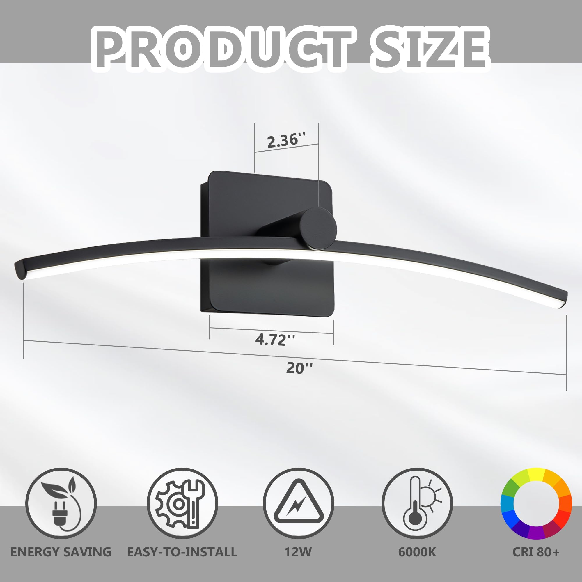 AXOTEXE Matte Black LED Bathroom Vanity Light Fixture – 20 Inch Dimmable Cool White 6000K, 20W, IP44 Waterproof, Over Mirror For Bathroom, Powder Room, Bedroom