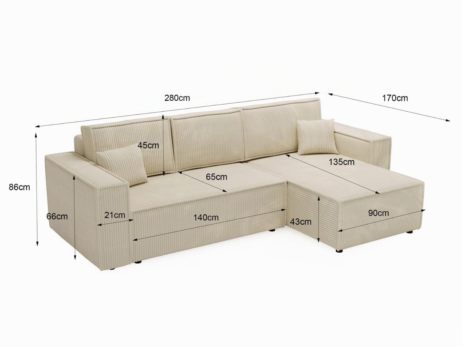 GRAINGOLD Prato XL Ecksofa mit Schlaffunktion & Bettkasten 280x170 cm, L-Form Sofa mit Stauraum, Schlafcouch für Wohnzimmer, Cord Stoff, 4-Sitzer Eckcouch, Modernes Design (Schwarz)