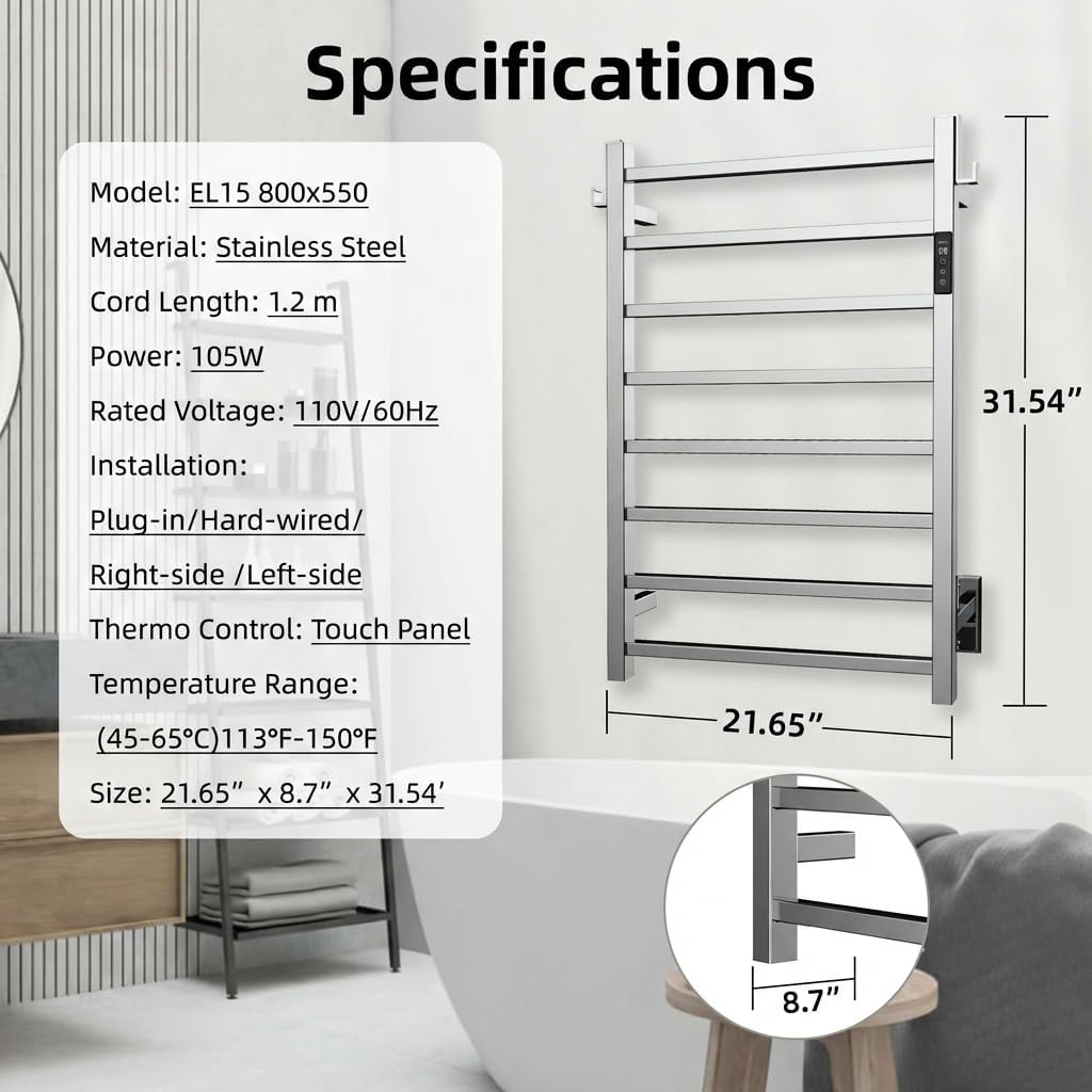 P&Dlusir Square Bar Towel Warmer, Heated Towel Rack with Smart Timer and Thermo Control, Wall-Mounted Heated Towel Rail, Stainless Steel, Hard-Wired/Plug-in, 8 bar, Polished