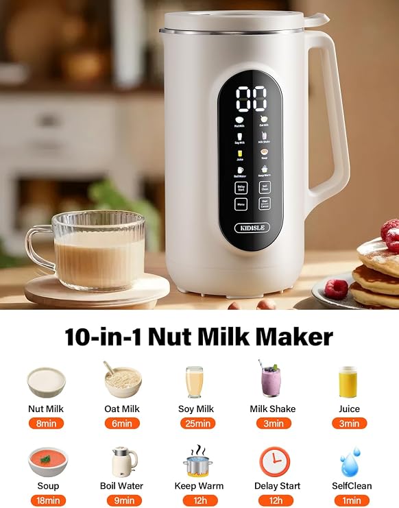 KIDISLE 10-in-1 Nut Milk Maker Machine, 35oz Plant-Based Milk & Soup Machine with 12H Delay Start, Self-Clean, Keep Warm Soy, Oat, Almond & More, Cream