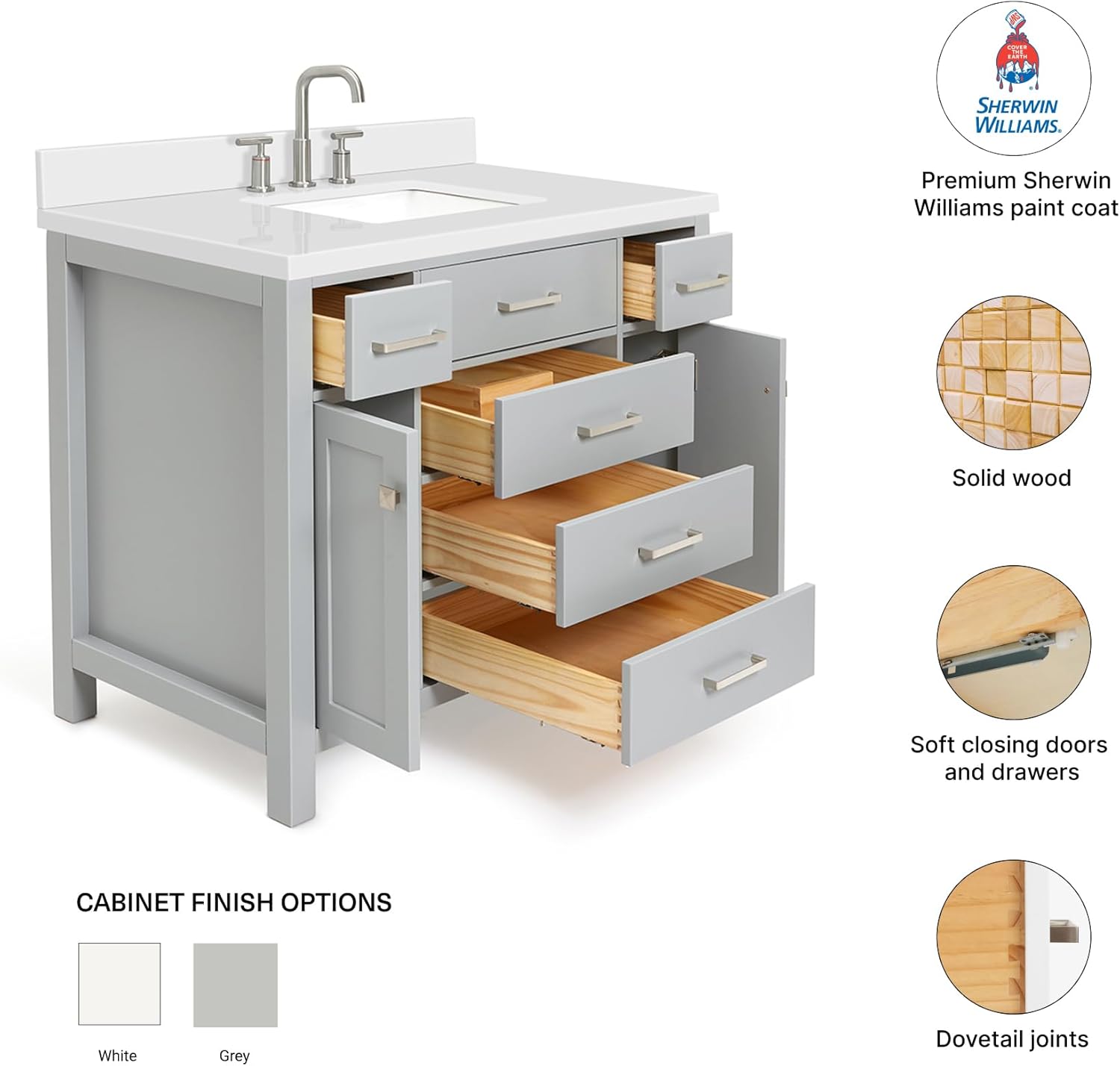DKB Alenza 42-Inch Gray Bathroom Vanity with Sink, 1.5-Inch Edge Pure White Quartz Countertop, Rectangular Basin, 2 Soft Closing Doors, 3 Dovetail Drawers, Polished Chrome Hardware