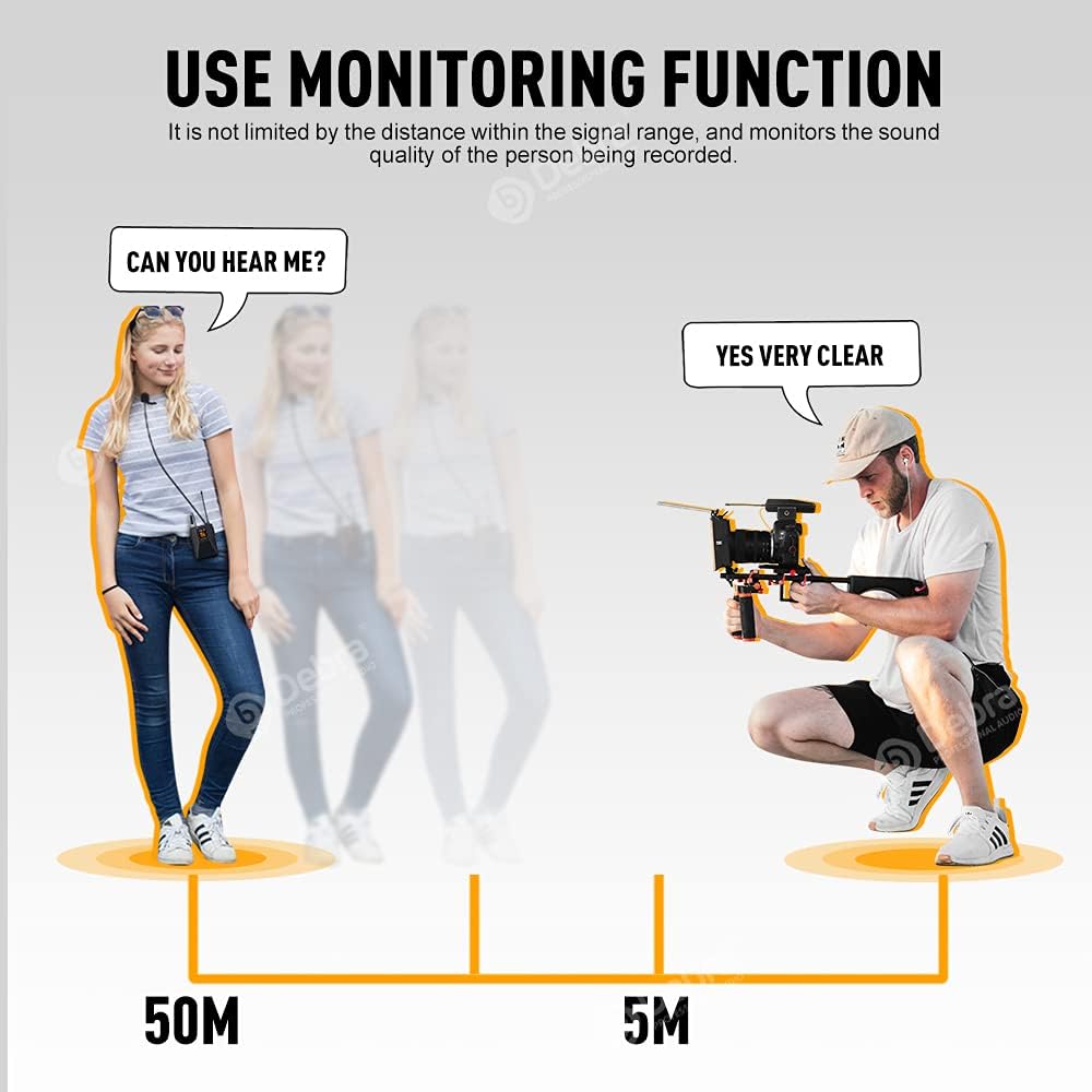 Diagram illustrating the monitoring function of the wireless microphone system. A person wearing a lavalier microphone is 50 meters away from the recording setup, while a person operating the camera is 5 meters away, indicating clear audio monitoring is possible over distance.