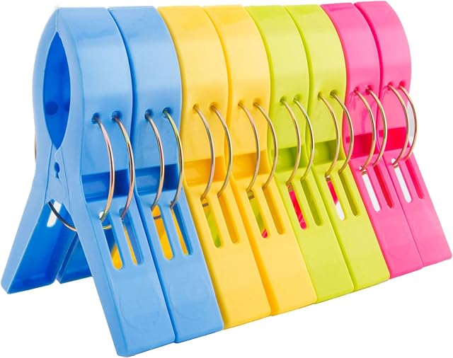 8 Pcs Colorful Beach Towel Clips, Large Plastic Laundry Clip Clothes Pegs for Sunbeds Sun Loungers, Blankets, Pool Chairs, Cruise Keep Your Towel from Blowing Away 4 Bright Colors