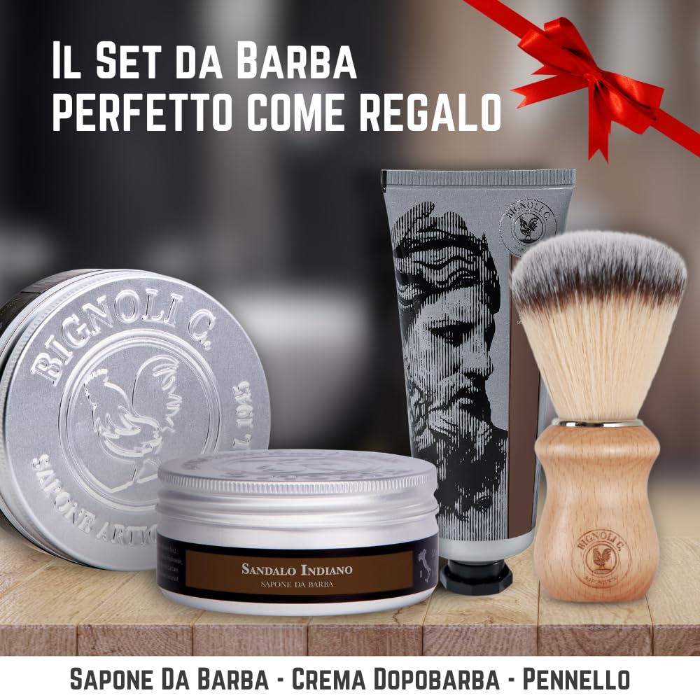 Bignoli Set Rasatura Tradizionale – Kit Barba Uomo - Sapone da Barba 175g + Crema Dopobarba 75ml + Pennello | Qualità Artigianale - Set Regalo Uomo