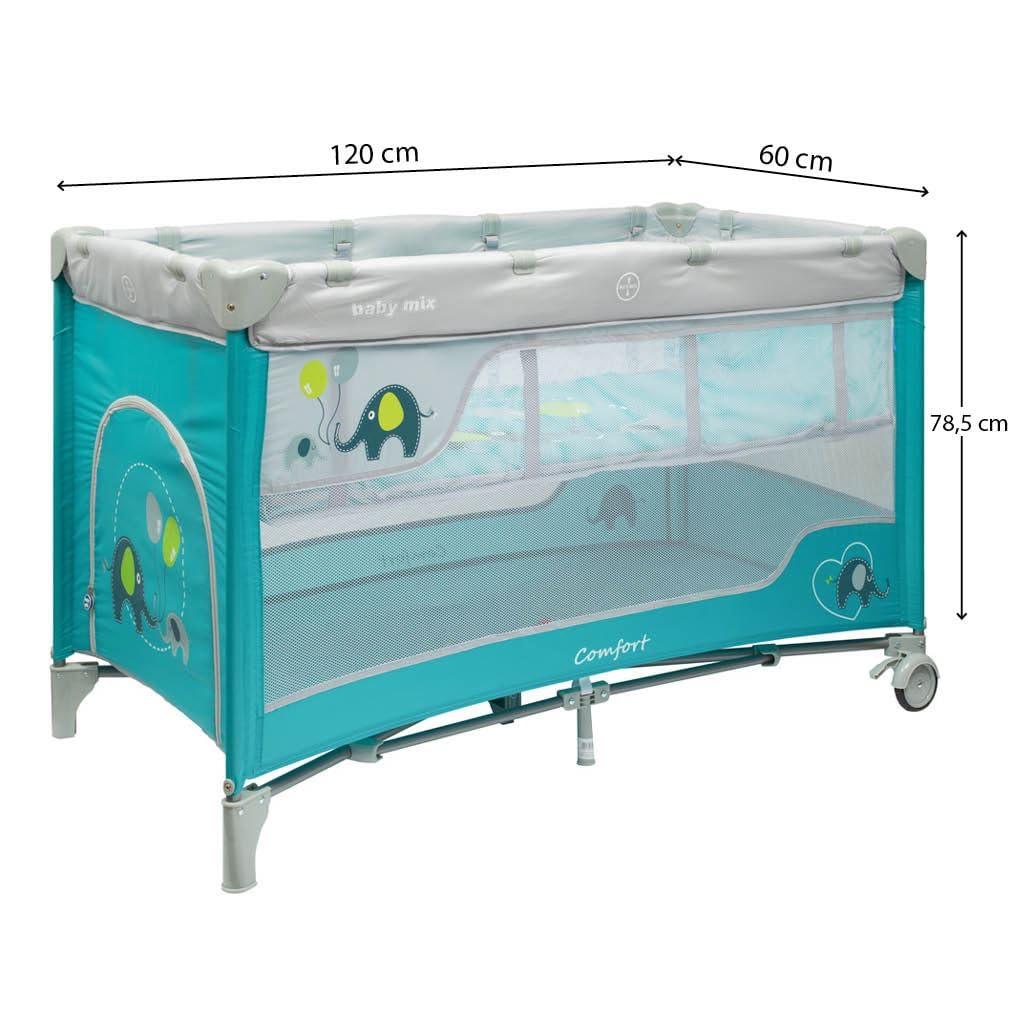 Baby Mix - Reisebett - Elefanten-Design - Hellblau - Faltbar & Leicht - Inklusive Rollen - Belüftungsgitter - Campingbett - Tragbar - Kompakt - Hängematte