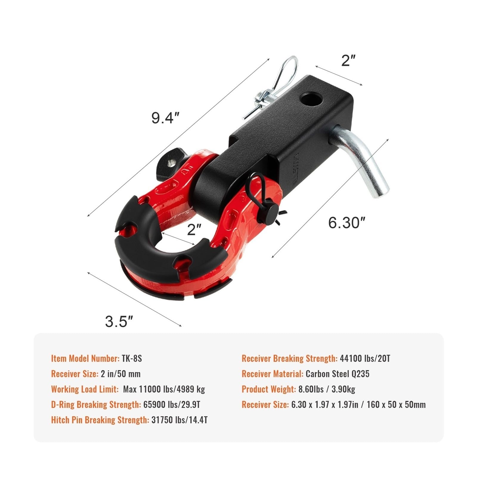 2" Shackle Hitch Receiver Double Hole Recovery Block Powder Coat Pin D-Ring for SUV Trucks Jeeps Off-Road