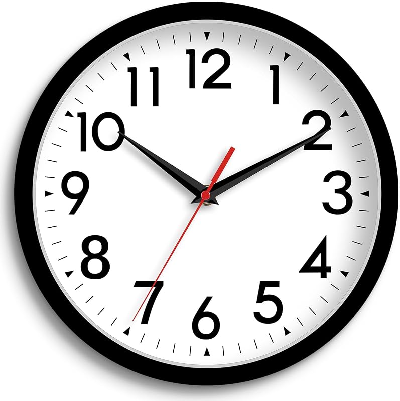 8 Inch Wall Clock, Battery Operated Silent Non Ticking | Black analog clock; large easy-read dial for outdoor, classroom, living room, bedroom & bathroom; 1 AA battery (not included)