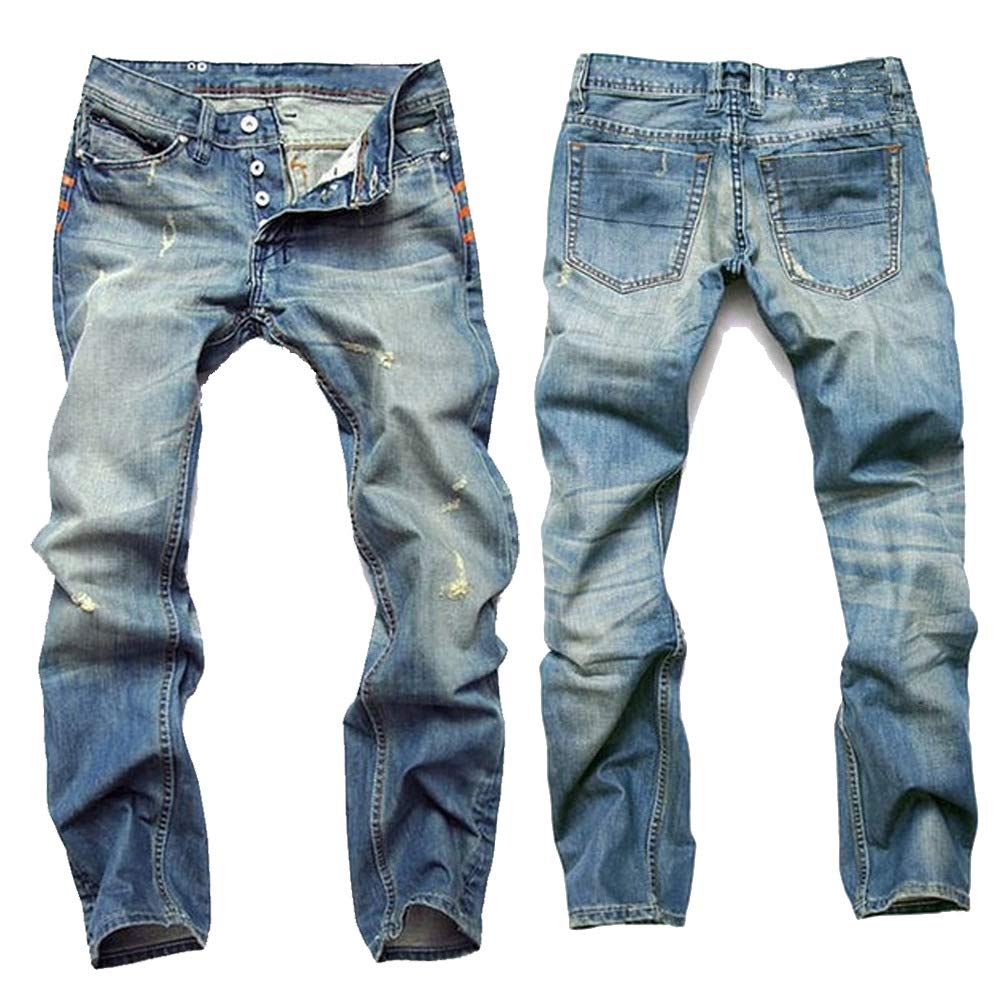 Jeans Pantalon Zerrissene Und Nostalgische Herrenjeans. Hellblaue Gerade Geschnittene Herrenjeans Mit Knöpfen