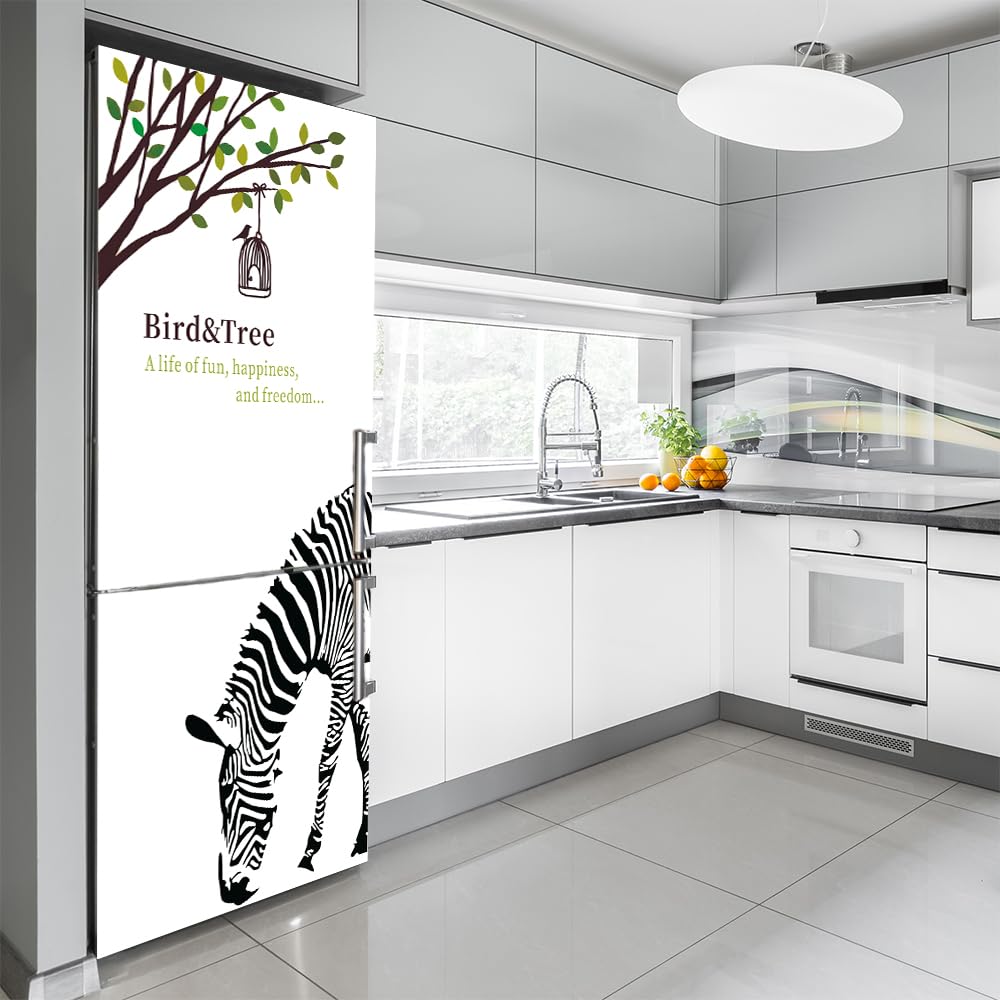 folia dekoracyjna do lodówek, Naklejki ścienne na drzwi lodówki, pełne, skórki, do kuchni, klatka dla ptaków, drzewo, zebra(M: 60x180 cm)