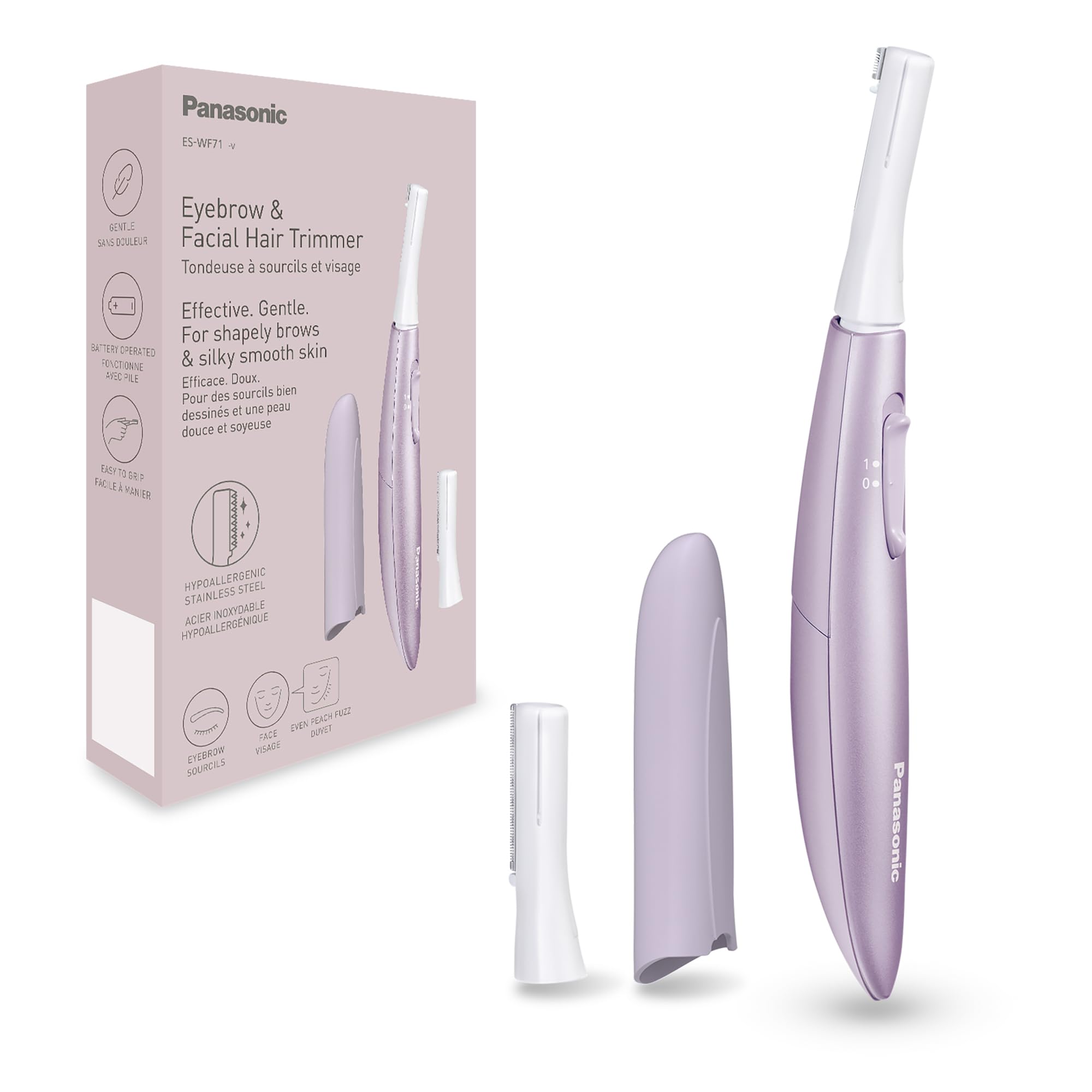 Panasonic ES-WF71-V503 Recortador de Cejas y Vello Facial Mujer, Perfilador De Cejas, Cabezal Flexible, Acero Inoxidable Hipoalergénico, Funciona con Pilas AAA, Lila
