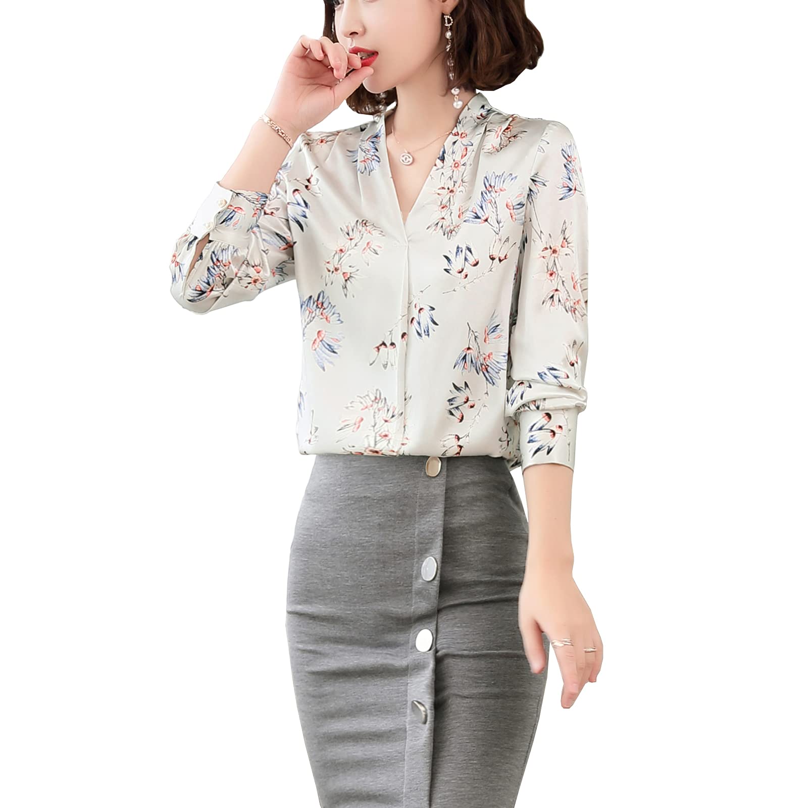 Valin Blusa de seda para mujer con estampado de puente, blusa de manga larga con cuello en V, blusa de seda,S1922