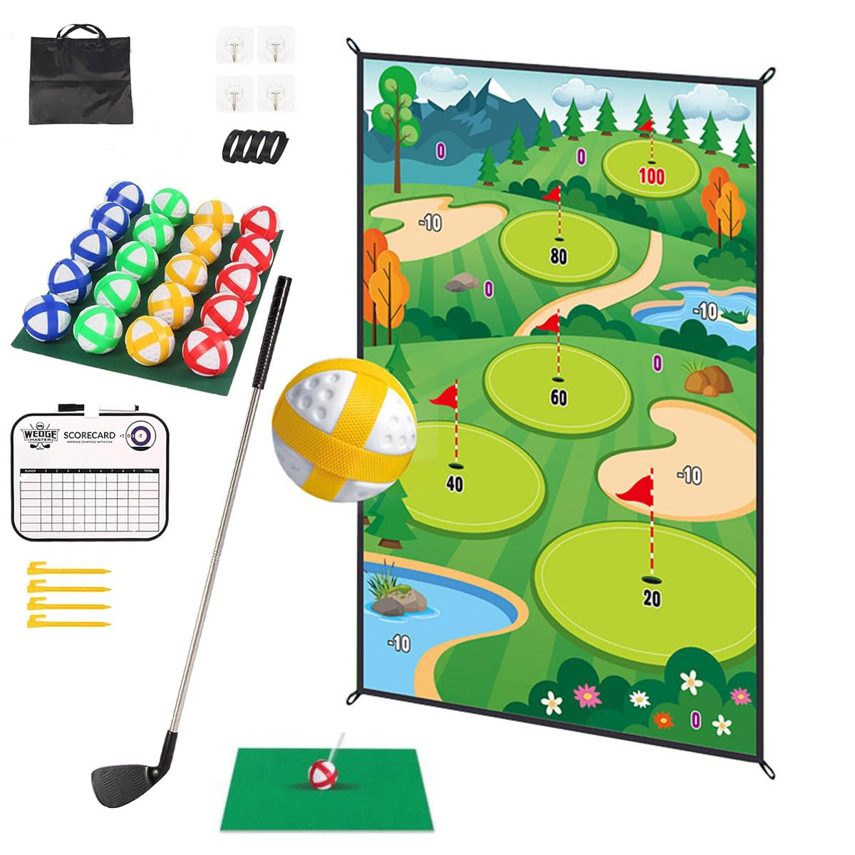 Golf Teing Game with 2 Clubs, 70 x 70 Inch Practice Mat Indoor Outdoor for Children Adults Family, with 20 Balls and 1 Score Board Golf Set