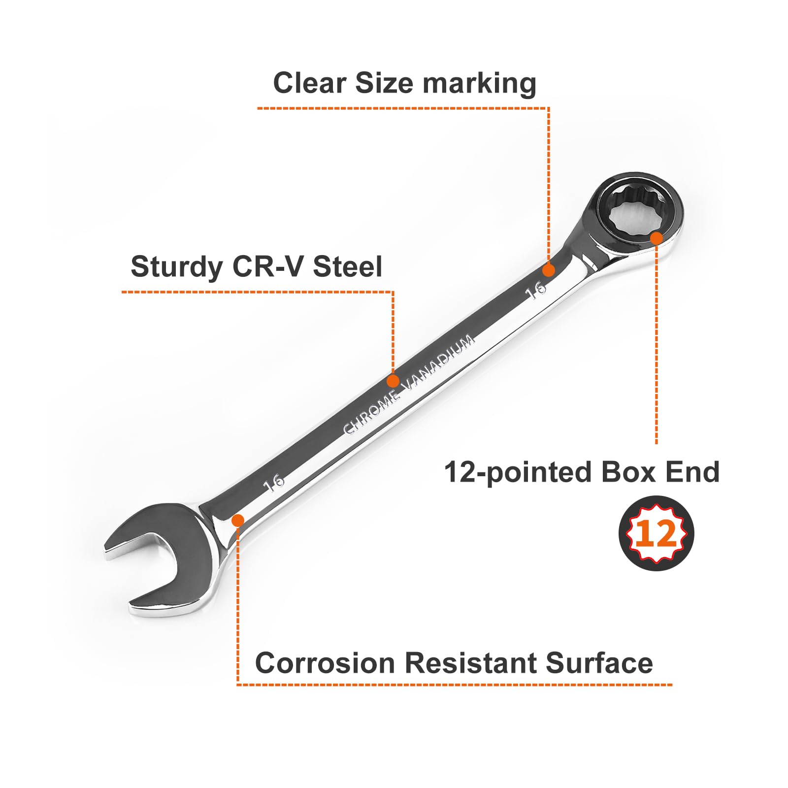 EGOFINE 16mm Ratcheting Combination Wrench Metric, Industrial Grade Gear Spanner with 12-Point Design, 72-Tooth Ratchet - Image 2