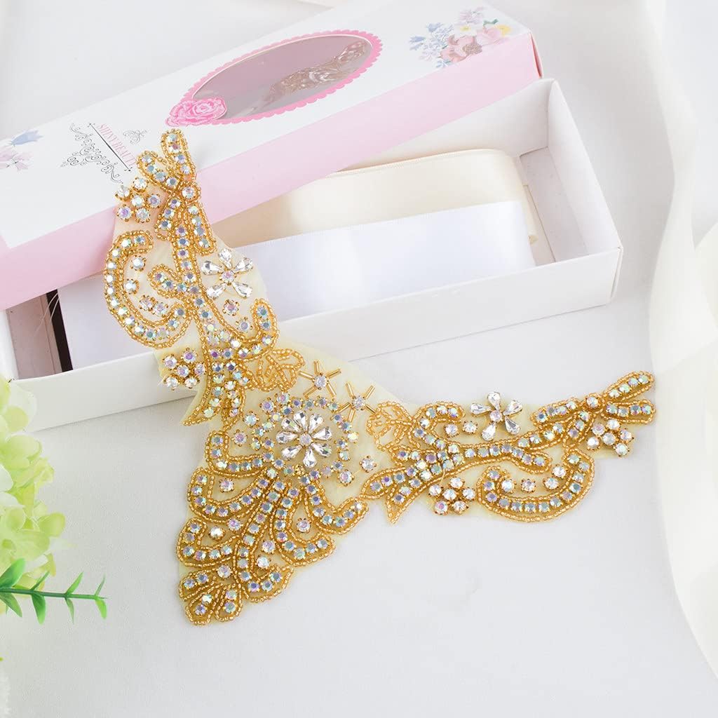 ShiDianYi Rhinestone Applique Gold Bridal Wedding Applique Crystal Pearl Diamante White Wedding Sash RA (AB Gold)