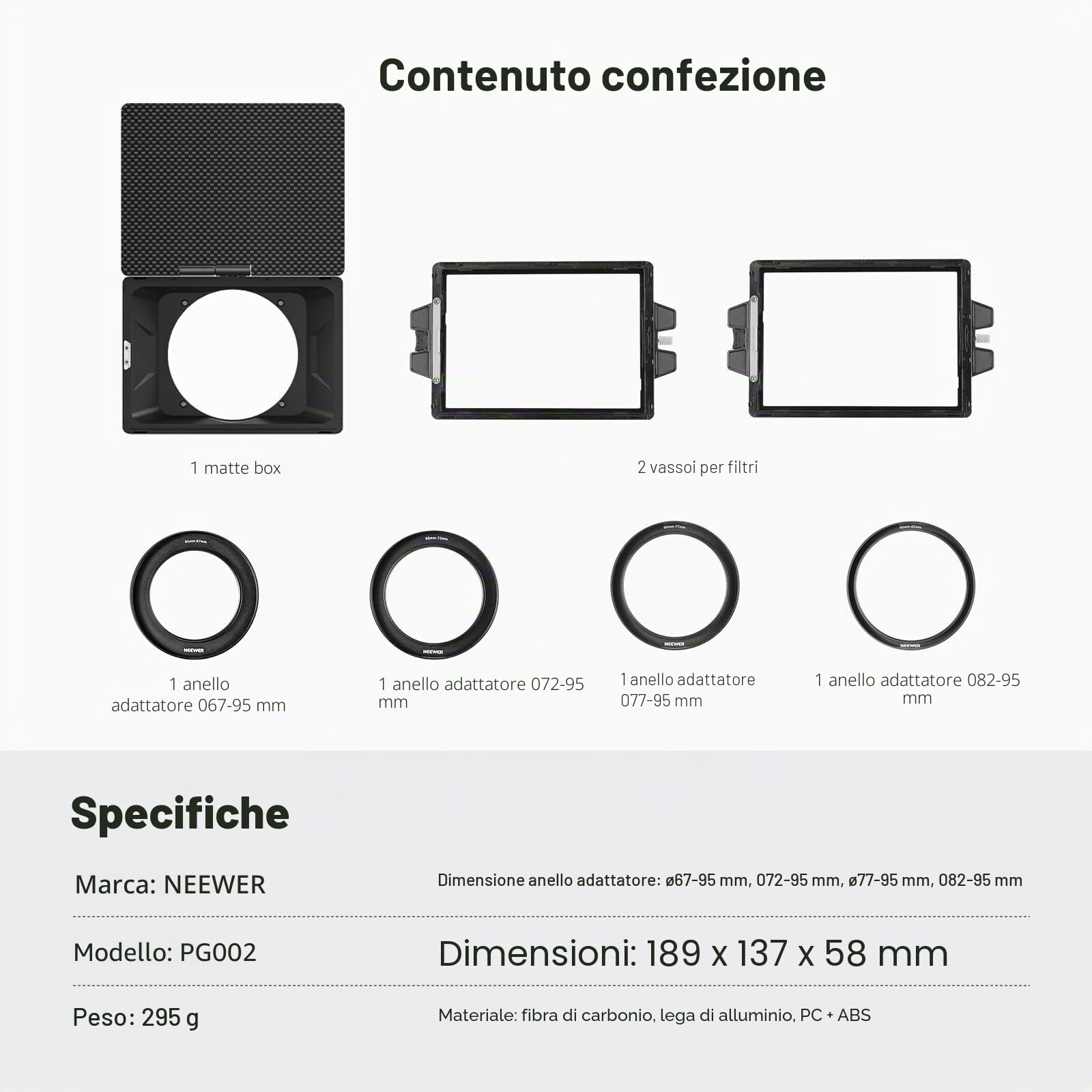 NEEWER Mini Matte Box con Due Coinici per Filtri da 4"x5,65", 4 Adattatori per Lenti Circolari, Compatibile con SmallRig Accessori Compatibile con K&F NISI TIFFEN NEEWER Filtro Cinematografico, PG002