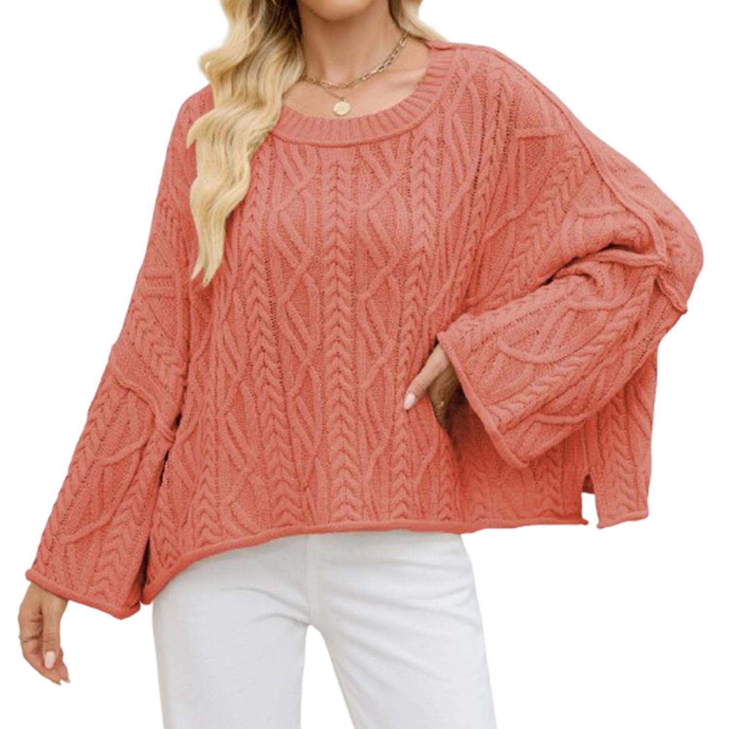 Generico Maglione Oversize da Donna a trecce con Scollo Rotondo e Maniche Lunghe Svasate, Pullover Morbido e Spesso Casual per Autunno Inverno
