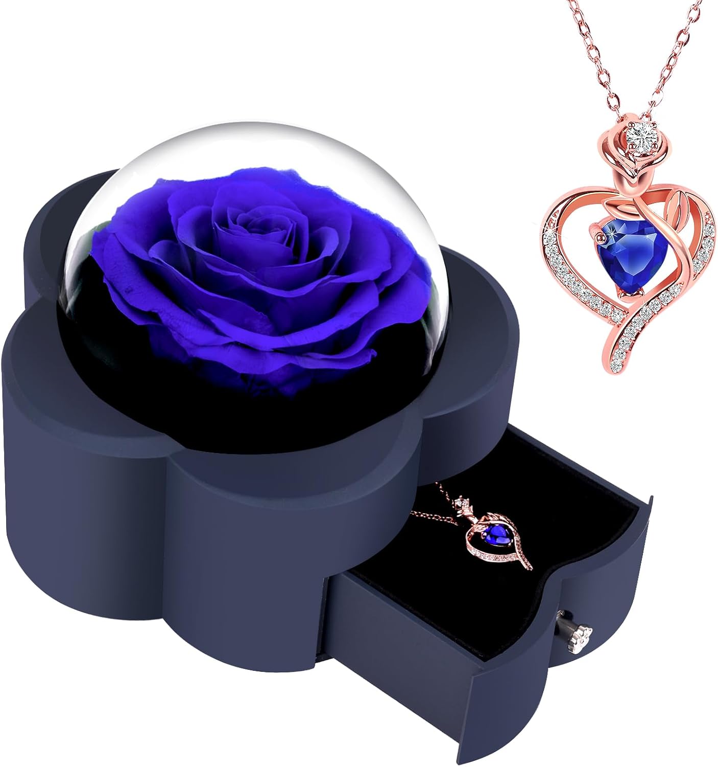 Preserved Rose with Heart Necklace, Eternal Flower Gift for Mom Wife Girlfriend Women Perfect for Valentine's Day Birthday Anniversary Mother's Day Christmas Blue Rose