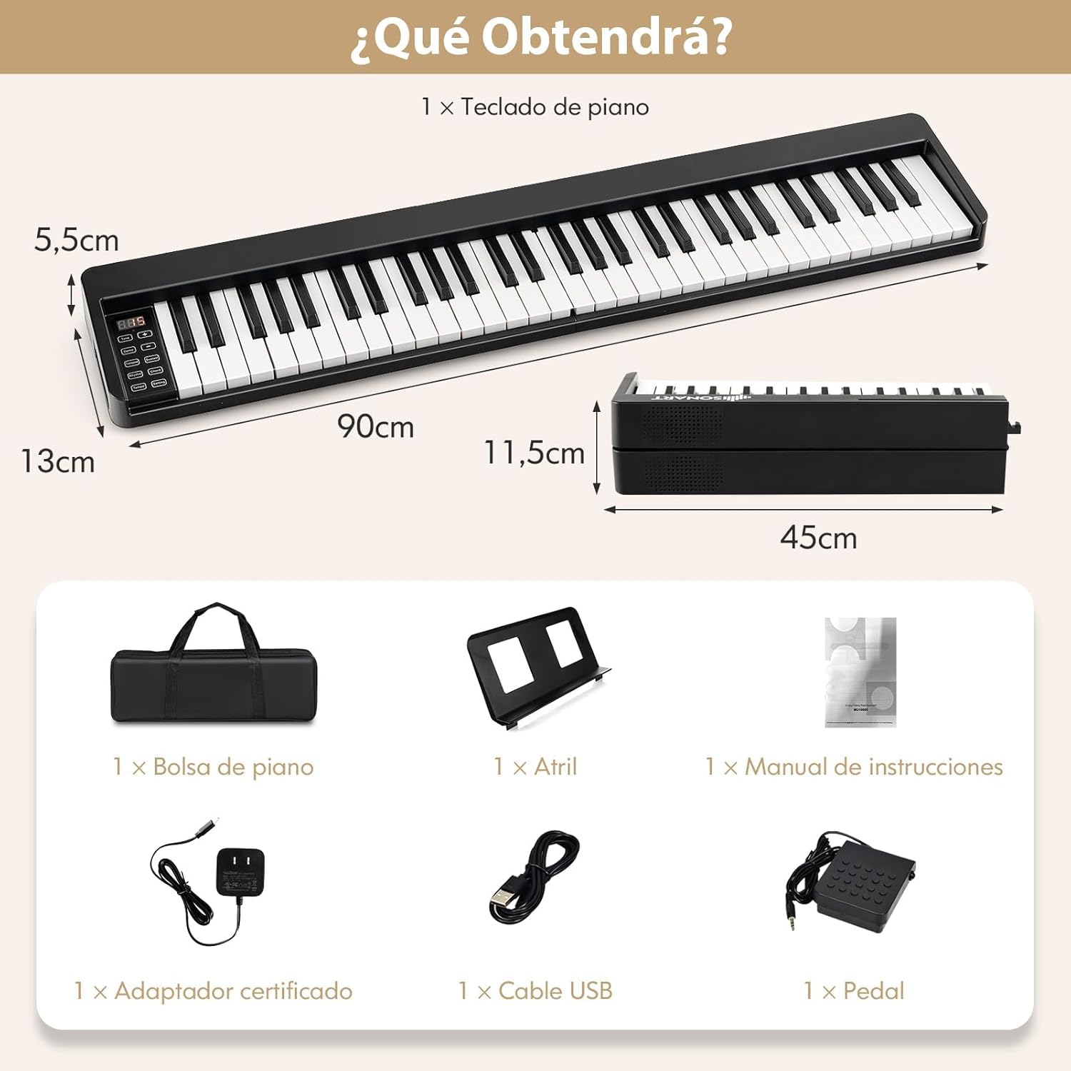 GOPLUS Piano Digital 61 Teclas Portátil, Piano Eléctrico Teclado Plegable con MIDI Bluetooth, 128 Tonos, 128 Ritmos, Pedal y Bolsa de Transporte, Piano Multifuncional para Niños y Principiantes