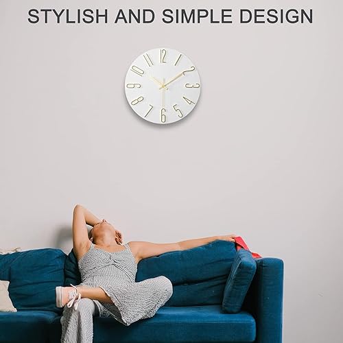 Miniatura 6 de Reloj de pared de 12 pulgadas, funciona con pilas y adecuado para oficinas en casa, cocinas escolares y relojes de pared de piedra de cuarzo (blanco)