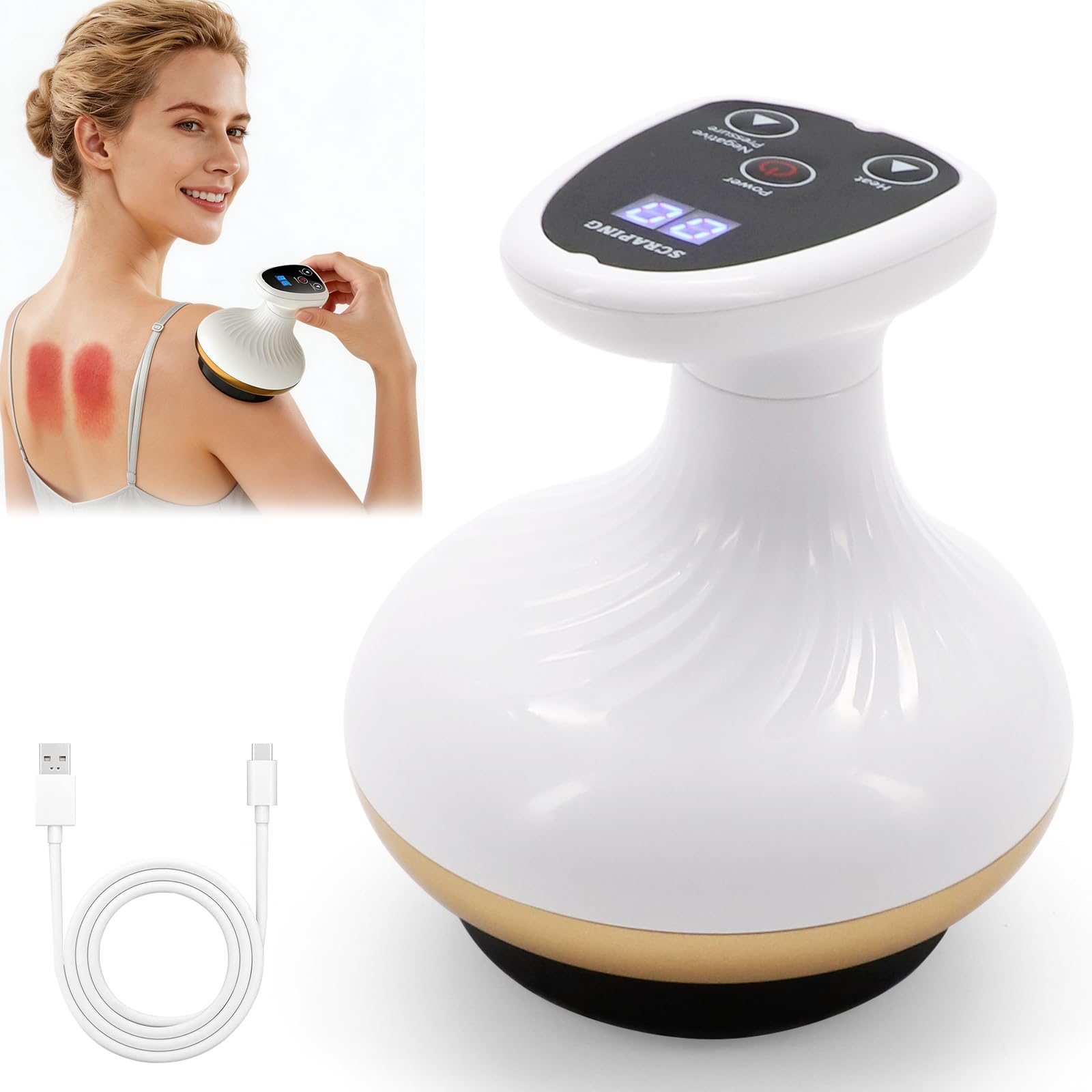 Massaggiatore multifunzione 4 in 1 per corpo, dispositivo per massaggio cutaneo con funzione calore e aspirazione, colore Bianco