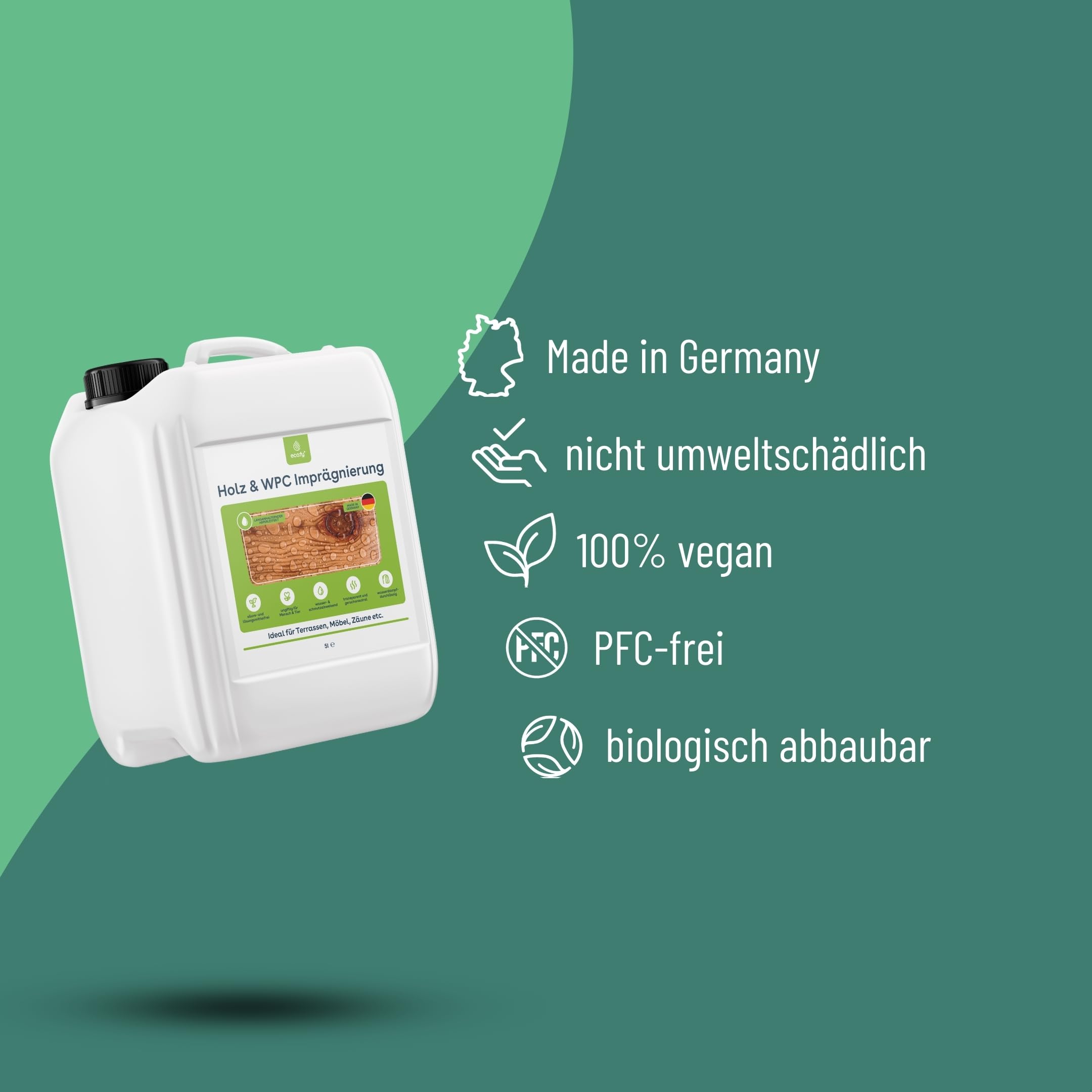 Holz & WPC Imprägnierung farblos 10L - Schutz gegen Grünbelag - Holz Imprägnierung für WPC, Terrassen, Möbel & Zäune - biologisch abbaubar, Lösemittelfrei & PFC-frei - Made in Germany