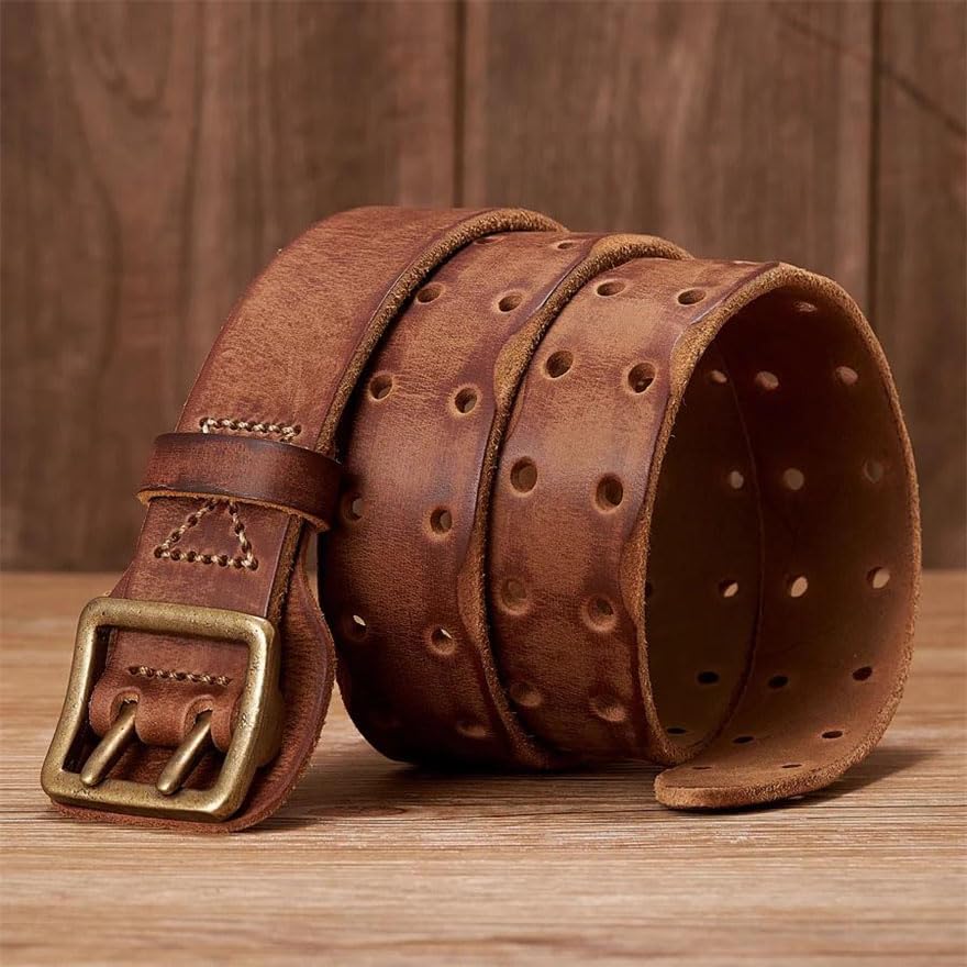 Pohullan Men 3.8c Leather Hollow Belts Retro Thick Leather Belt Brass Copper Buckle Jeans Belt2