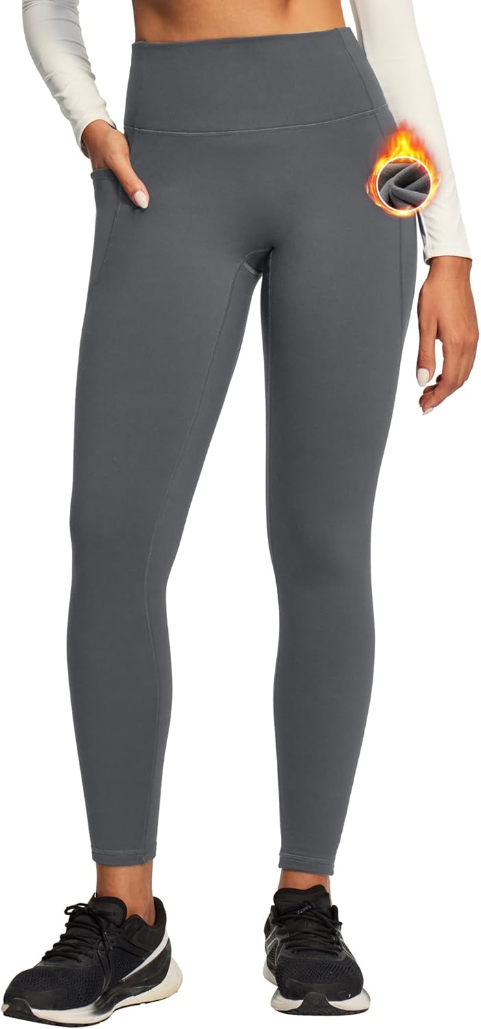 Ewedoos Fleece Lined Leggings Women No Front Seam Compression Thermal Leggings Tummy Control with Pockets Warm Yoga Pants
