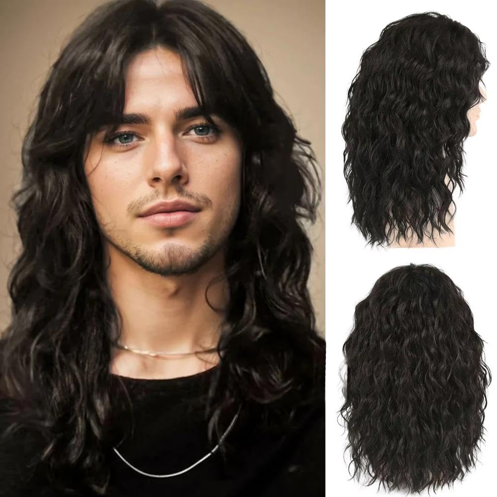 Haarpflege Naturfrisur Dunkelbraune Perücke Langes Lockiges Haar Für Männer Rock-Perücke Für Den Täglichen Gebrauch