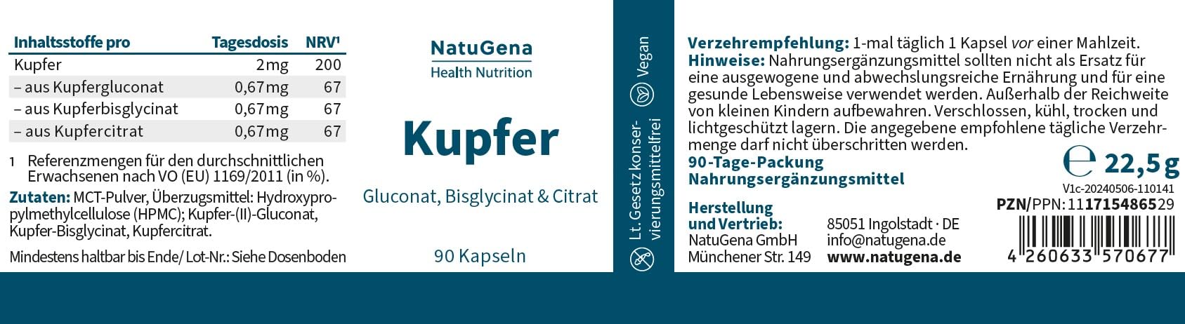 NatuGena Kupfer Komplex, 3 Kupferformen Gluconat Bisglycinat Citrat, Nerven- & Immunsystem, Haut- & Haarpigmentierung, Zellschutz antioxidativ, deutsche Herstellung, 90 Kapseln (3-Monats-Packung)