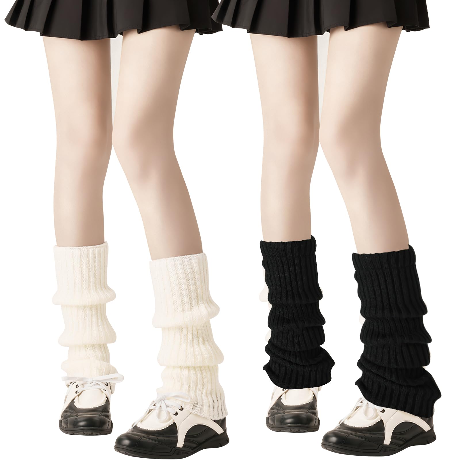 Czdtq 2 Pairs White Black Leg Warmers, Ribbed Knitted Leg Warmers, 80s for Women Girls Lady Y2k Ribbed Knitted Legs, Fashion Long Boot Cuff Knee Socks Legwarmers Ladies