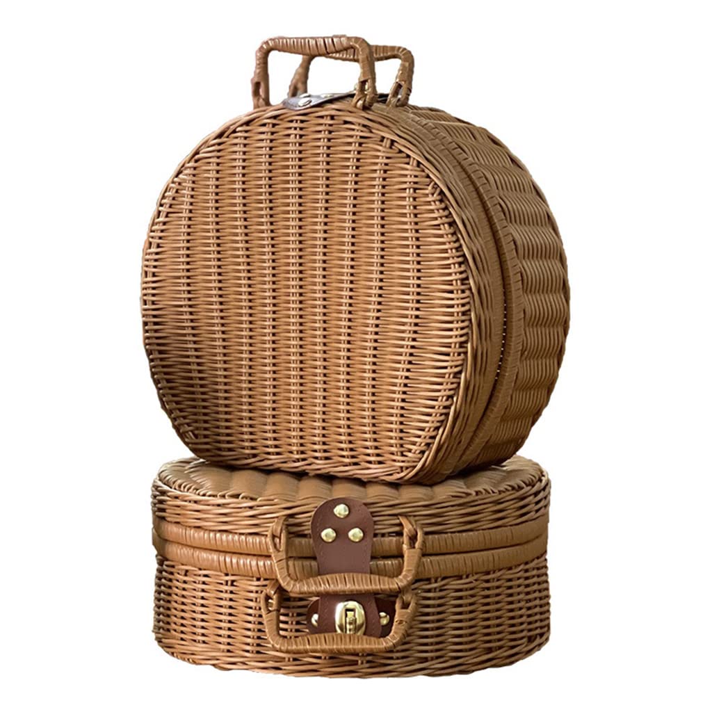 Cestino da picnic intrecciato a mano, con manici, in finto vimini, borsa in vimini, vintage, per cibo, frutta, torta lunare