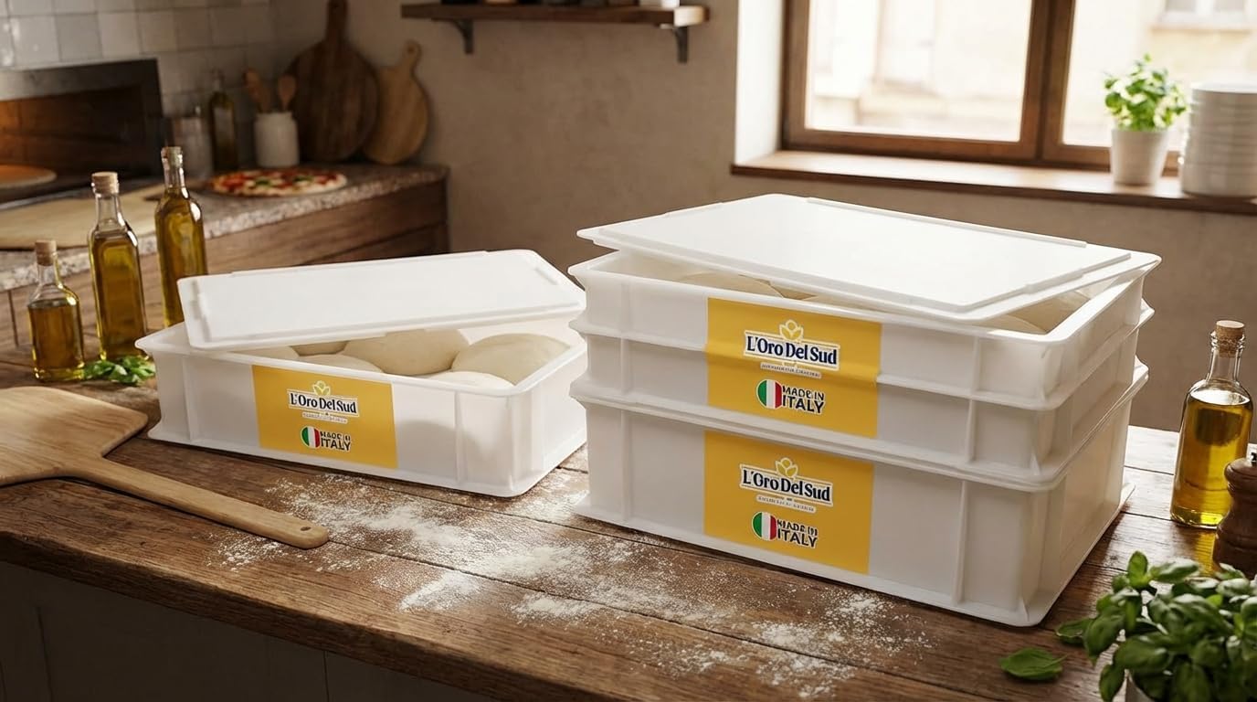 L'Oro Del Sud Commercial Dough Proofing Box Tray with Lid, White, 2 Trays + Lid, 23.6" x 15.74" x 2.75", Size Stackable Pizza Container, Bin Resistance to impact, temperature changes, Made in Italy