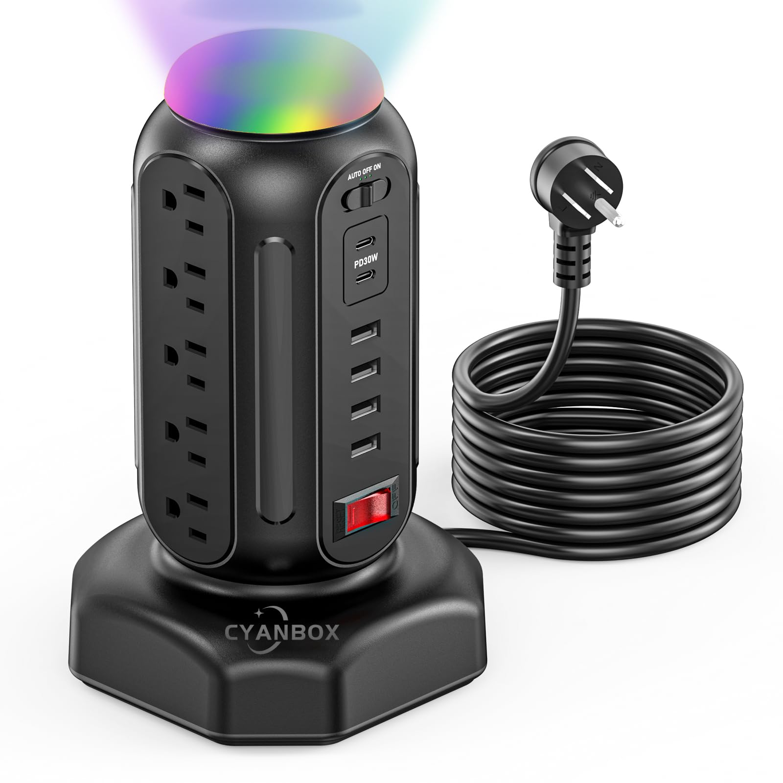 Multiple Outlets Surge Protector, PD 30W Fast Charging Power Strip Tower with RGB Night Light, 15 AC Outlets Power Tower, 2 Type C and 4 USB Ports,