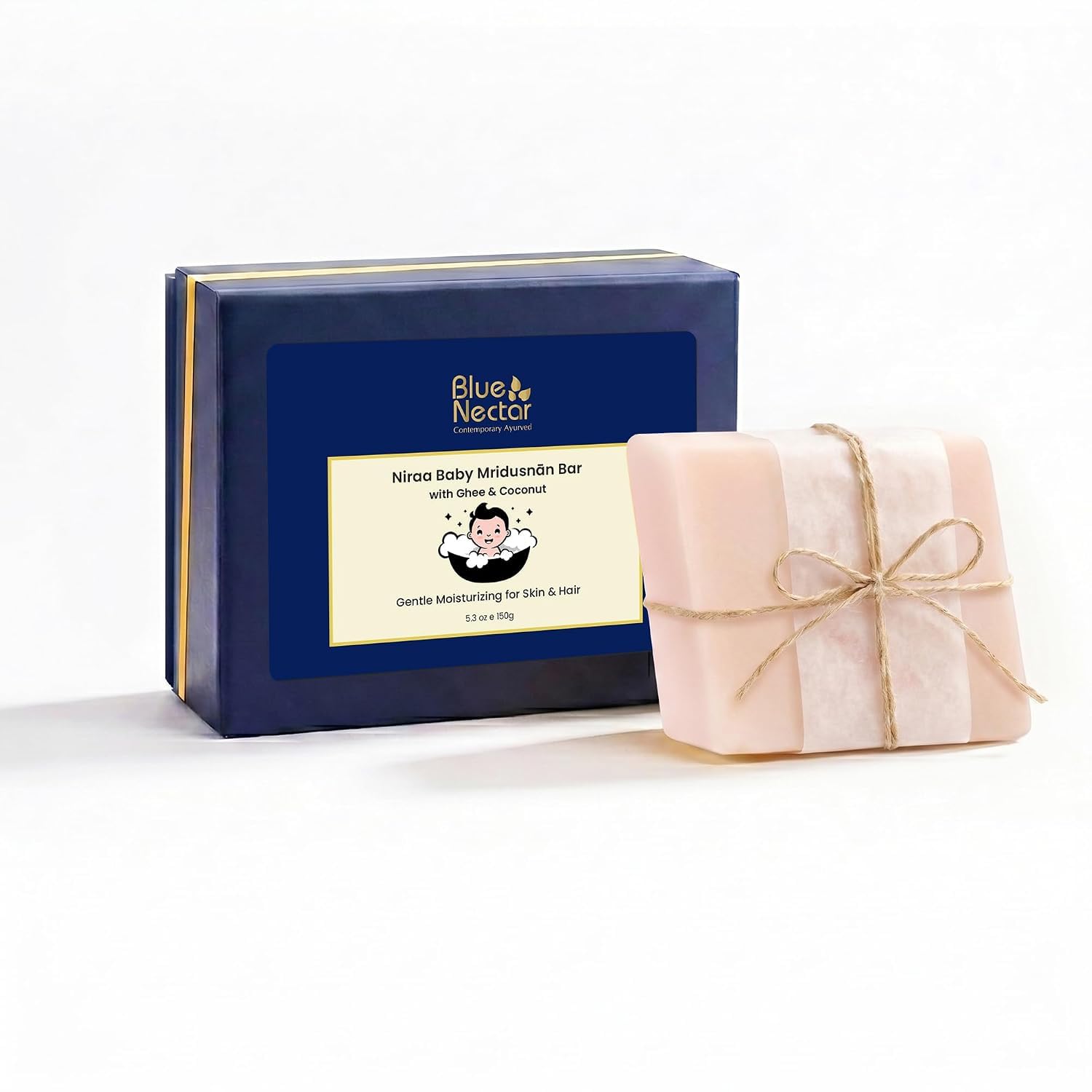 Blue Nectar Baby Mridusnan Bar with Ghee & Coconut Oil | Gentle Baby Soap Bar for Body | Mild Baby Bath Soap for Delicate Skin | Baby Body Wash Bar, Sulphate & Paraben Free (150 g)