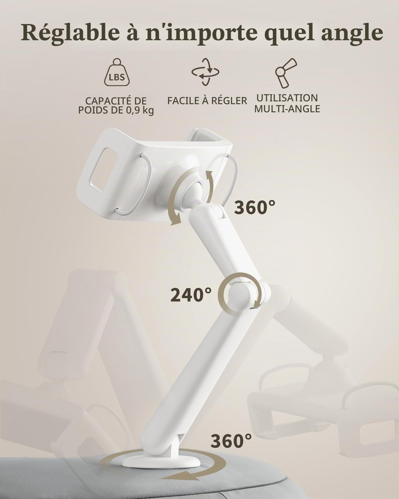 SAIJI Coussin Support pour tablette, support ipad réglable à 360° pour le lit avec bras double axe flexible, support lit pour iPad, iPhone, Kindle, Moniteur portable et tous les appareils de 4,7-15,6"