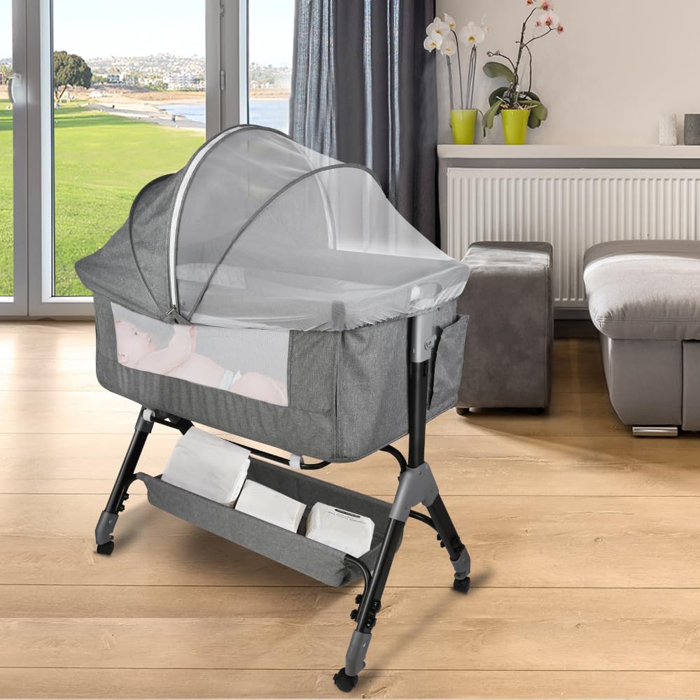 Berceau Cododo avec Matelas et Moustiquaire 2 in 1 Lit Bébé Cododo pour Les Bébés de 0 à 36 Mois Pliable 2 en 1 Berceau bébé Mobile Lit d'Appoint 104 * 52 * 103-115cm, Lin Gris