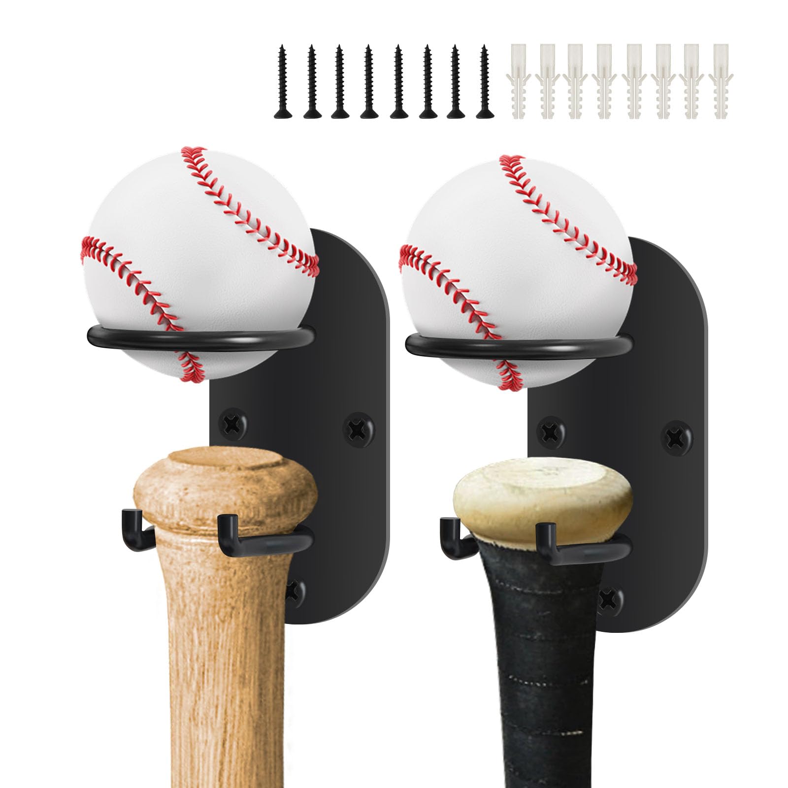 Lot de 2 étagères de rangement murales pour batte de baseball - En métal - Noir